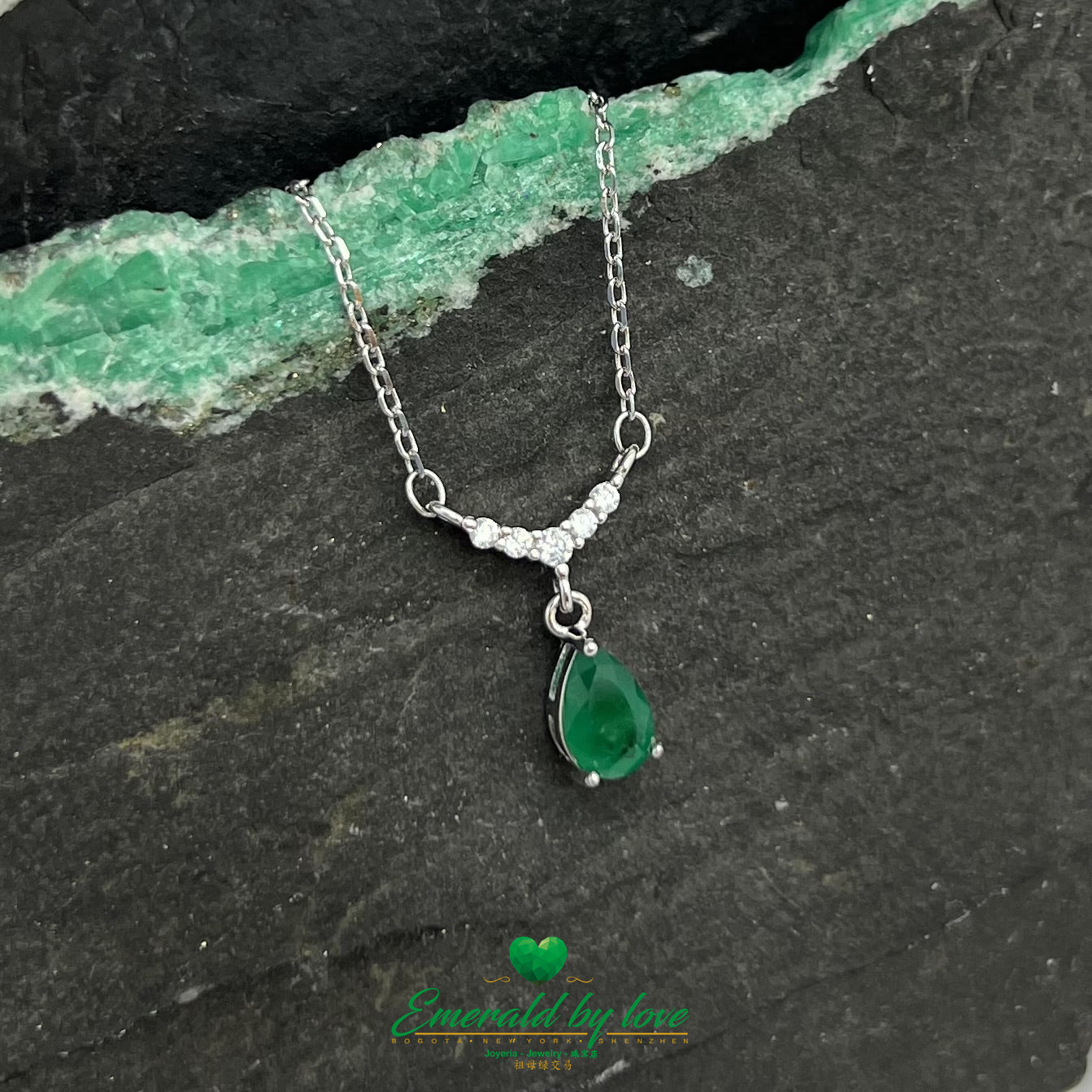 Crystal Teardrop Emerald Pendant with Cubic Zirconia Dangle