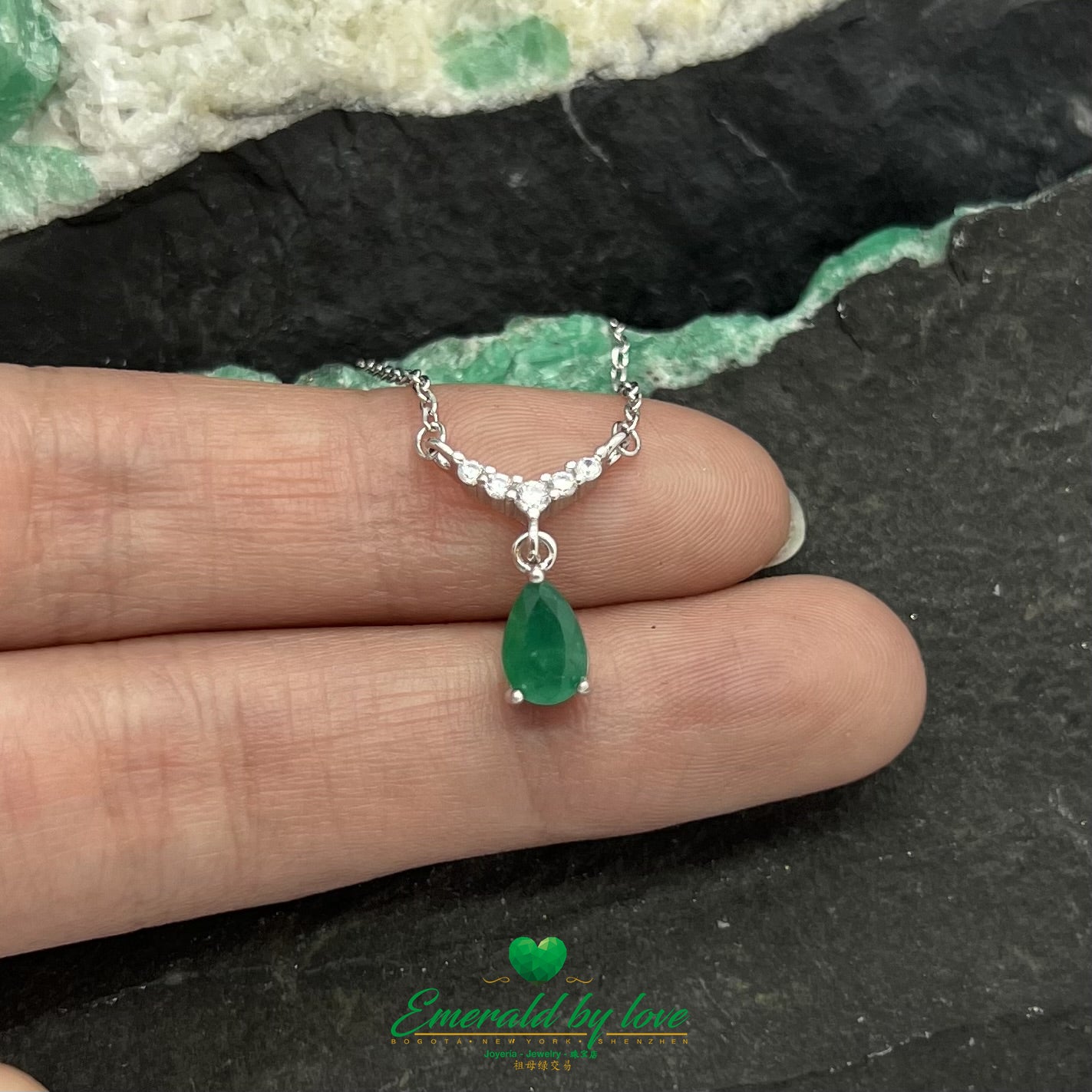 Crystal Teardrop Emerald Pendant with Cubic Zirconia Dangle