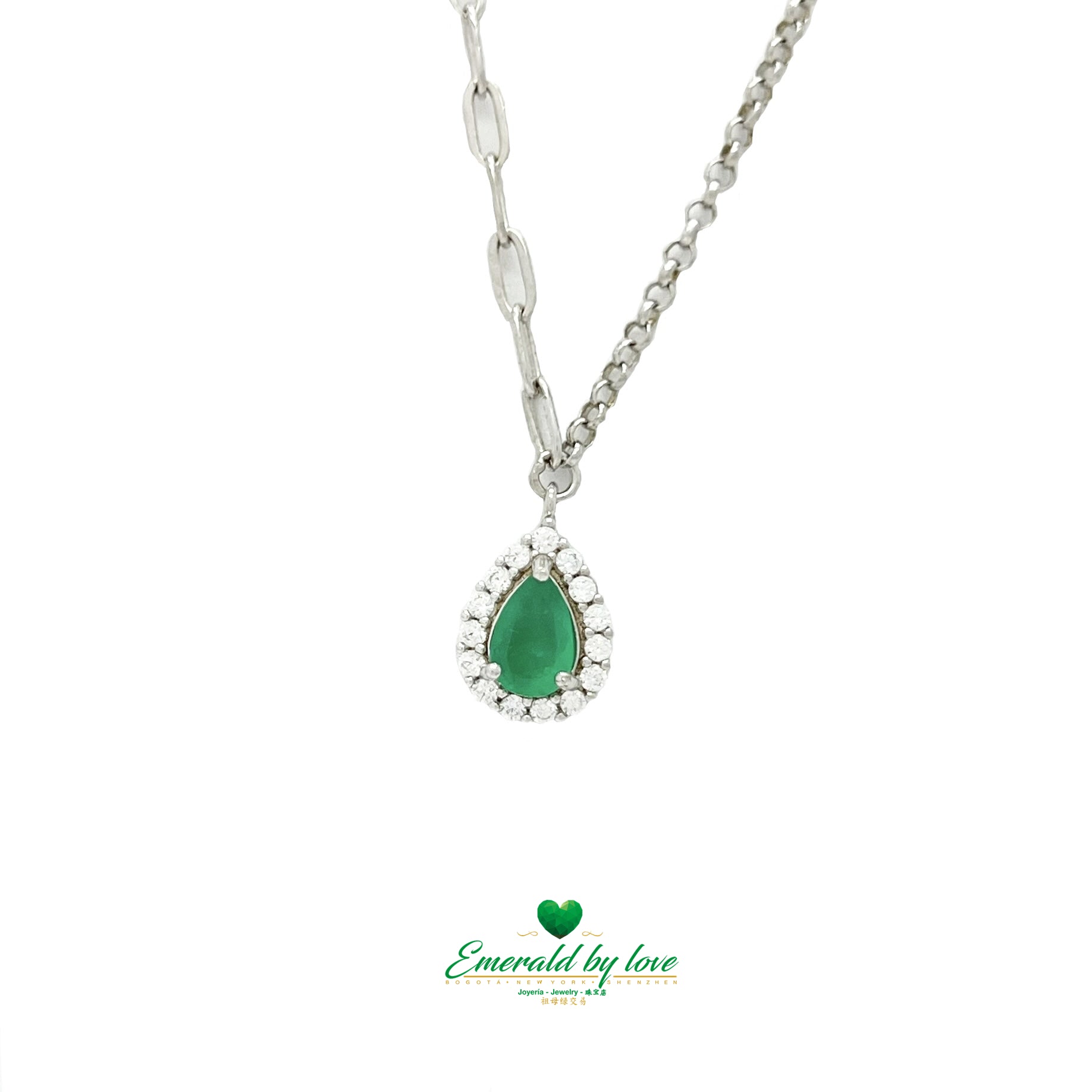 Pear-Shaped Marquise Emerald Pendant with Surrounding Cubic Zirconia and Double Chain