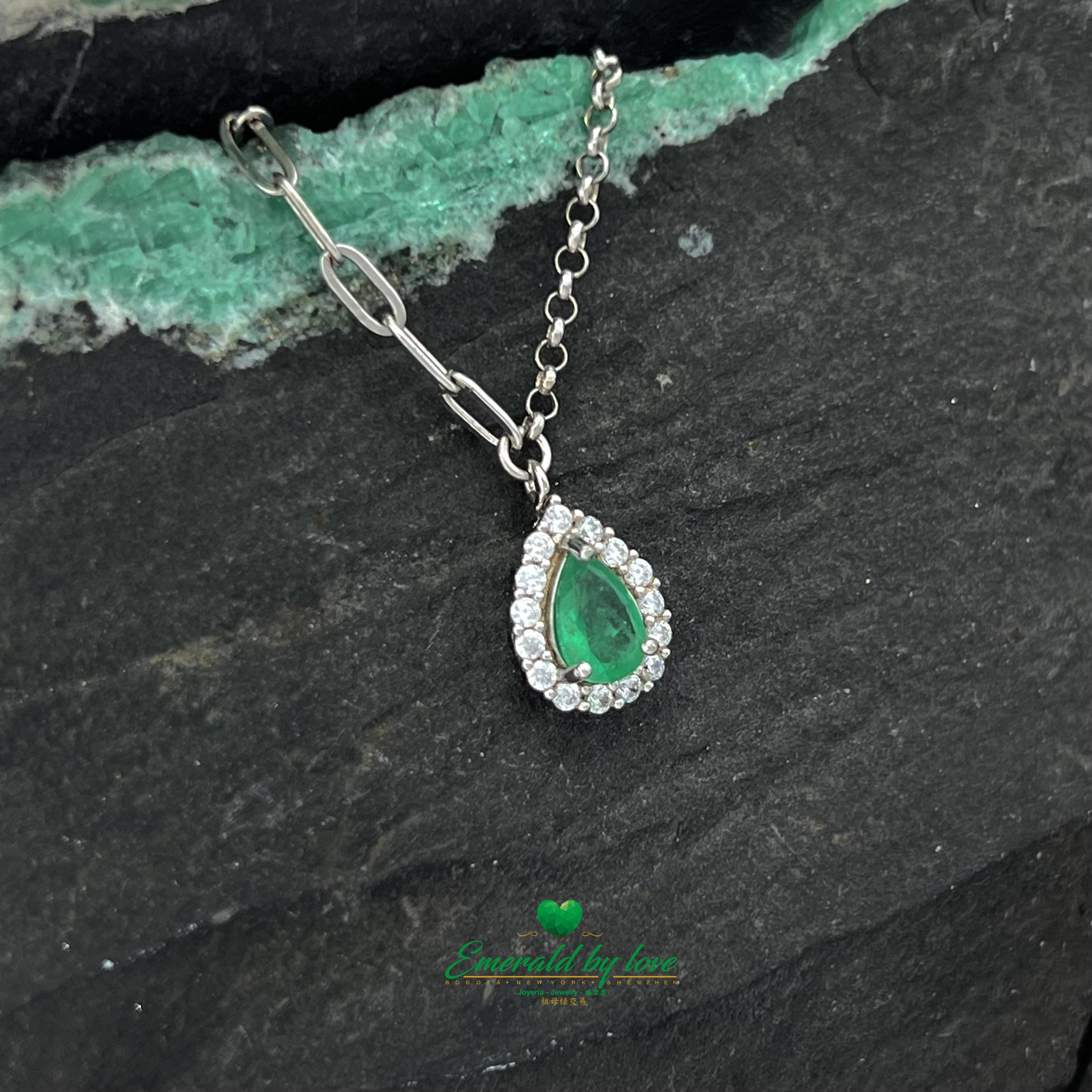 Pear-Shaped Marquise Emerald Pendant with Surrounding Cubic Zirconia and Double Chain