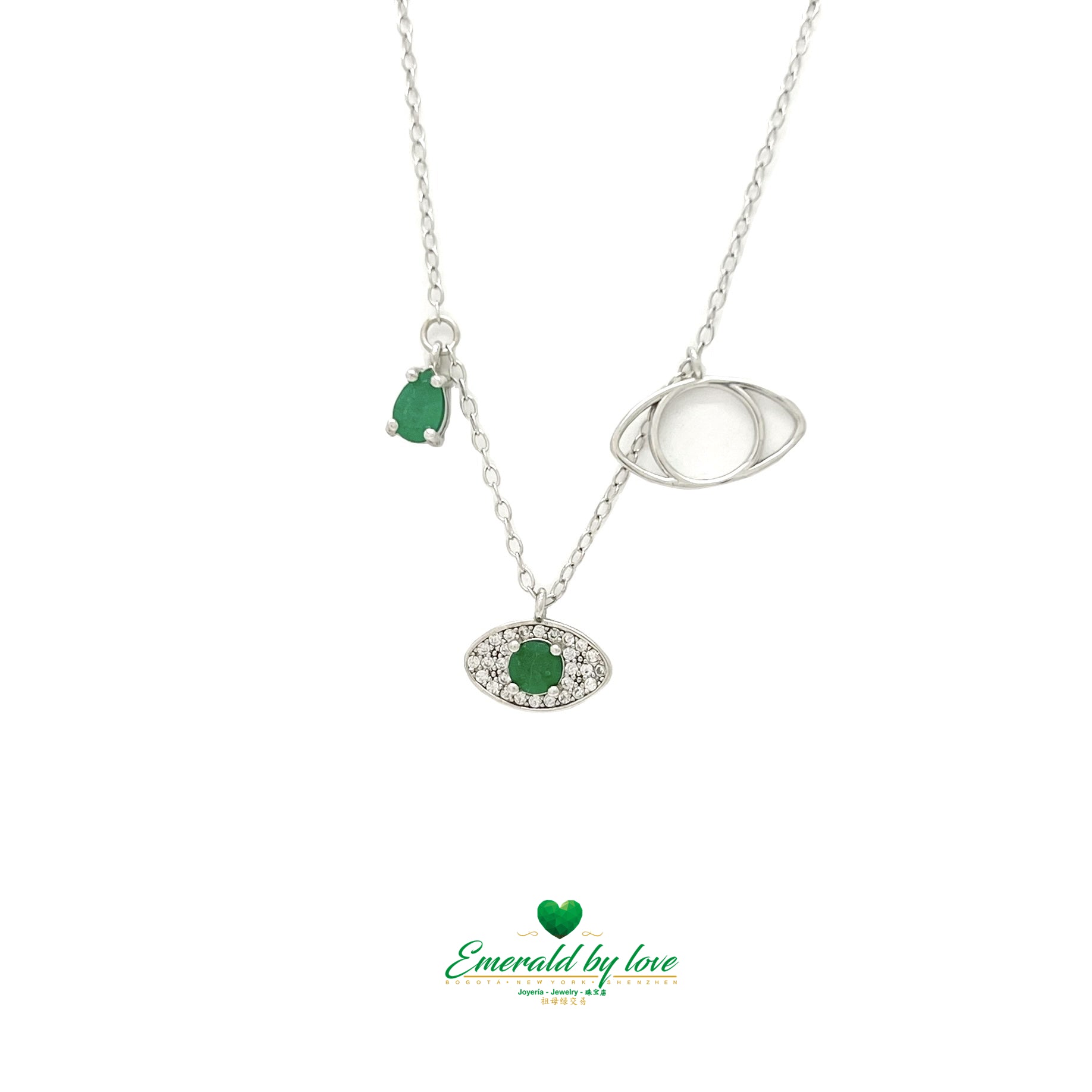 Silver Necklace with Three Eye Pendants, Two Emeralds