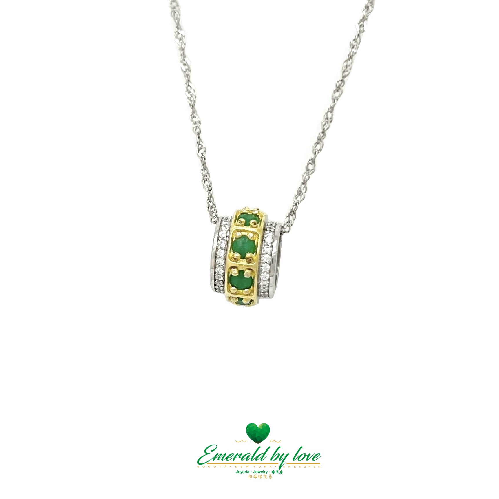 Cylindrical Gold-Plated Pendant with Round Emeralds