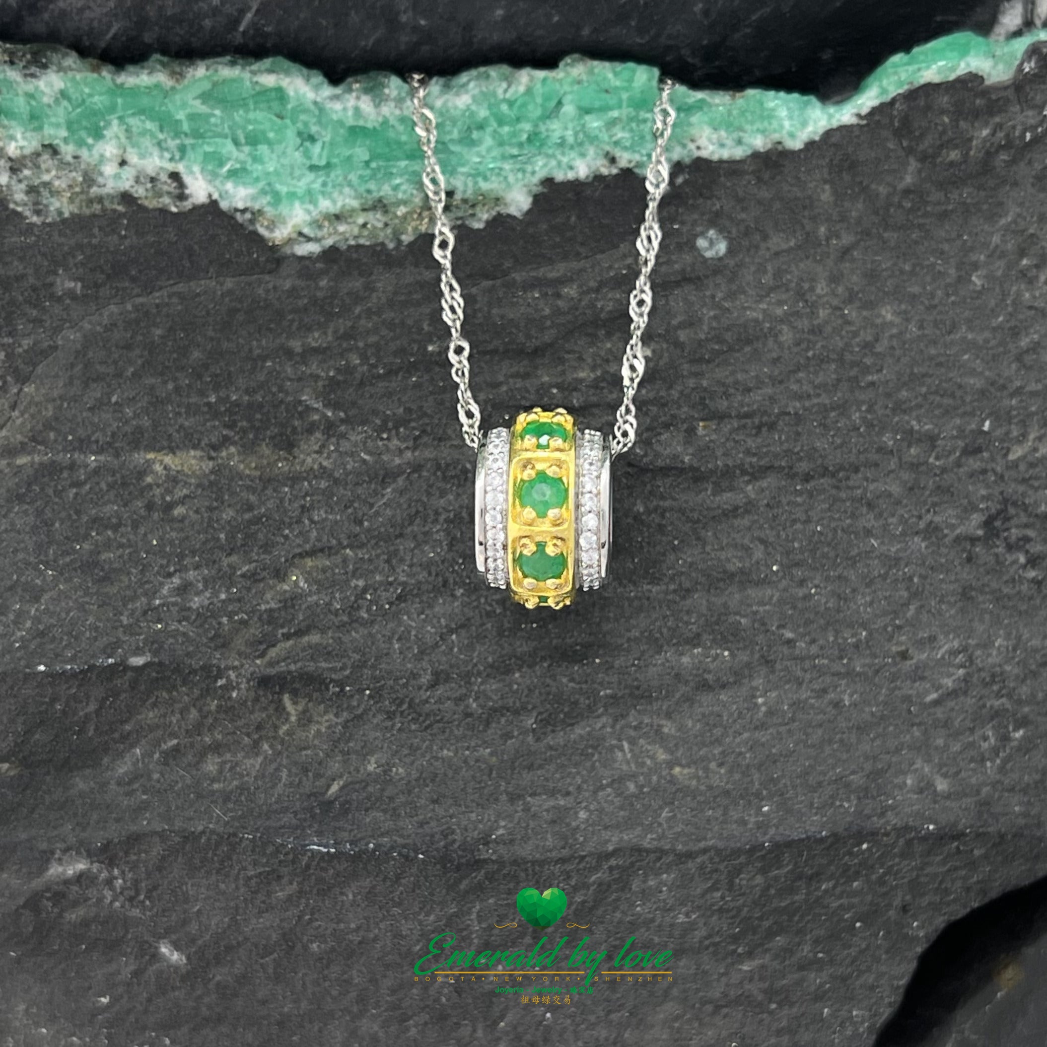 Cylindrical Gold-Plated Pendant with Round Emeralds