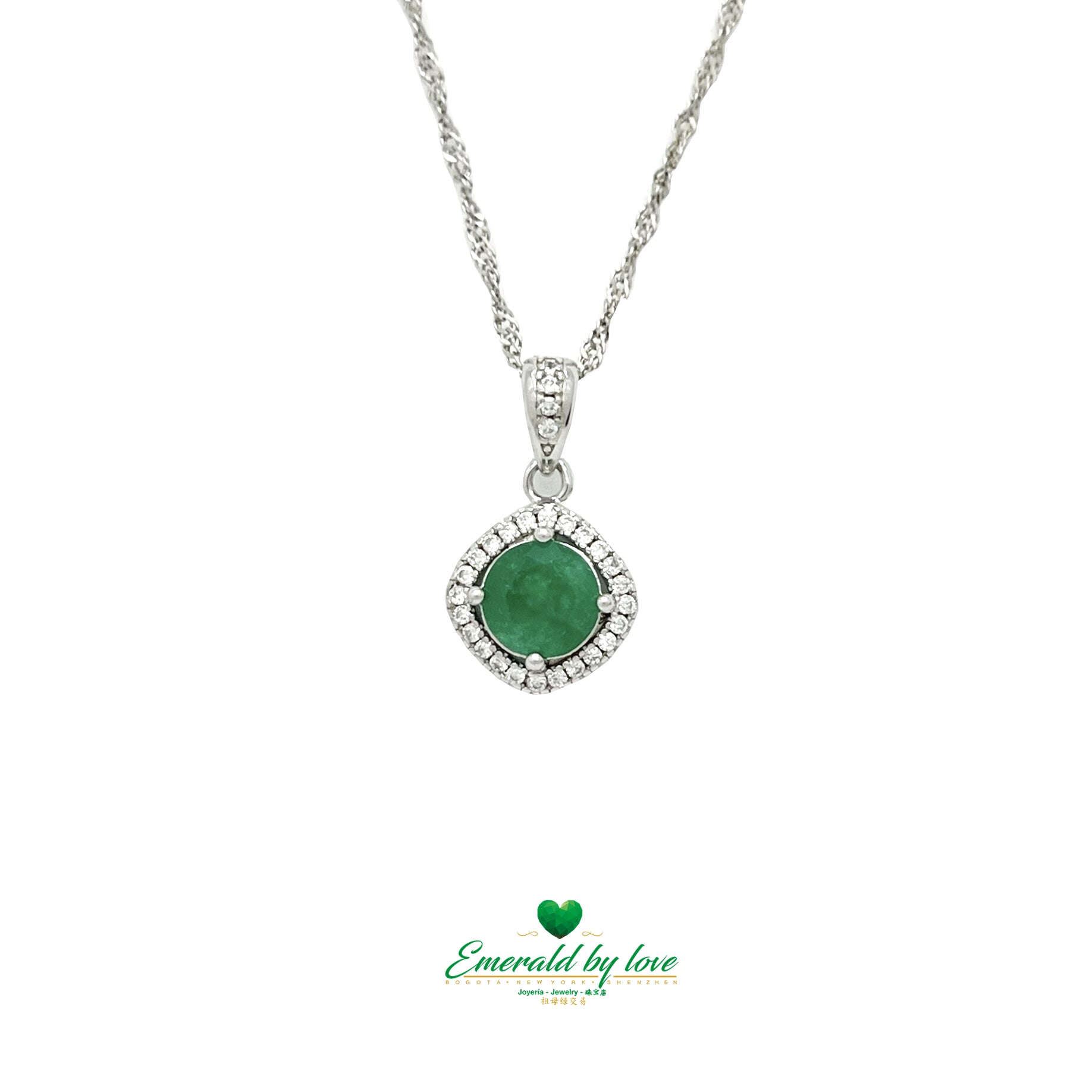 Rhombus-Shaped Silver Pendant with Round Emerald and Zircon Accents