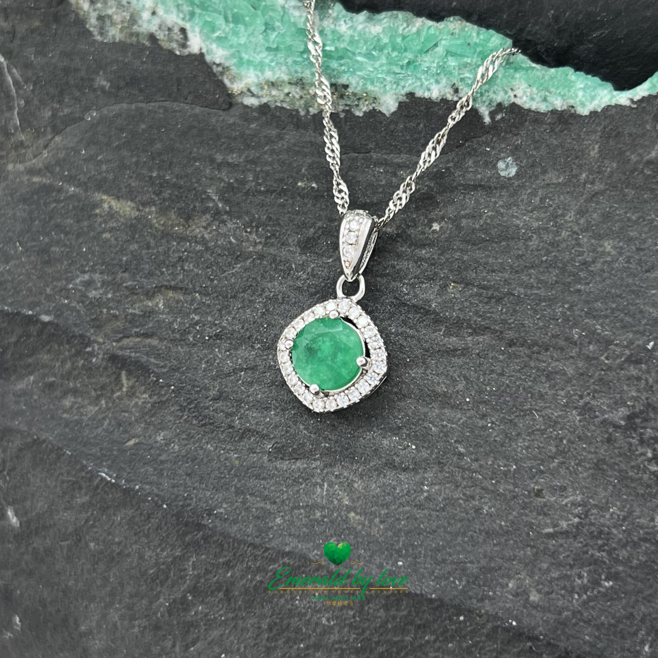 Rhombus-Shaped Silver Pendant with Round Emerald and Zircon Accents