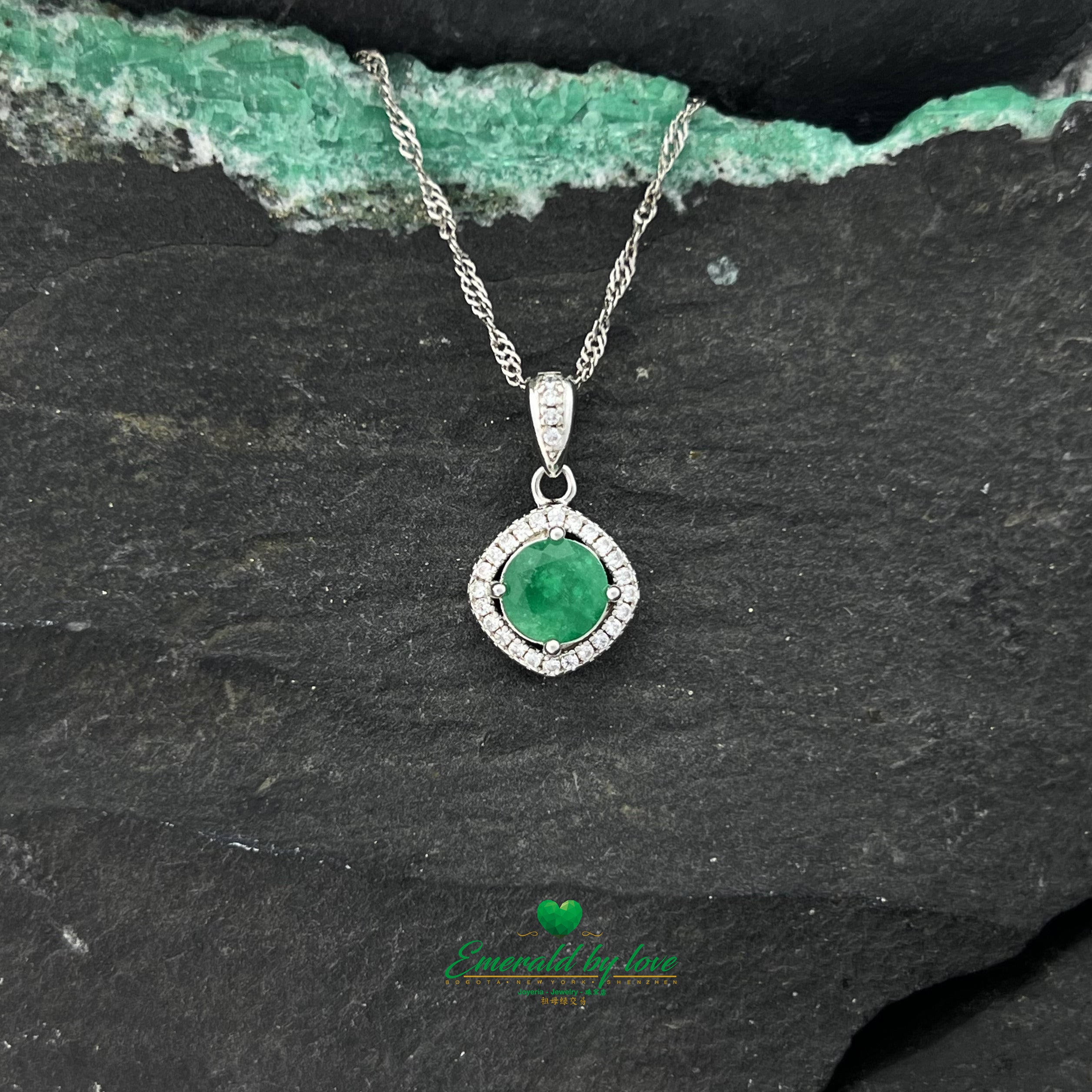 Rhombus-Shaped Silver Pendant with Round Emerald and Zircon Accents