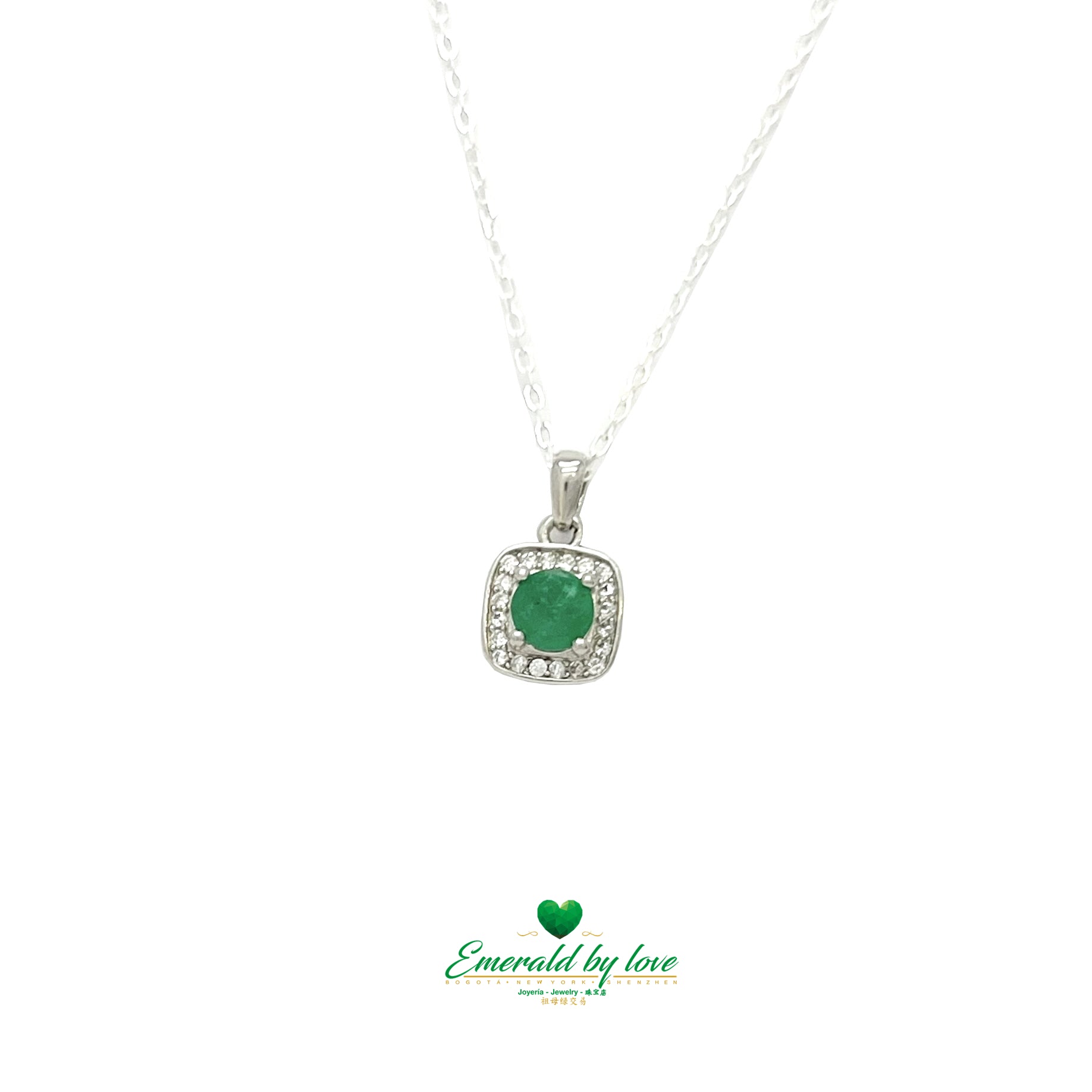 Elegant Square-Shaped Silver Pendant with Round Emerald and Zircon Accents