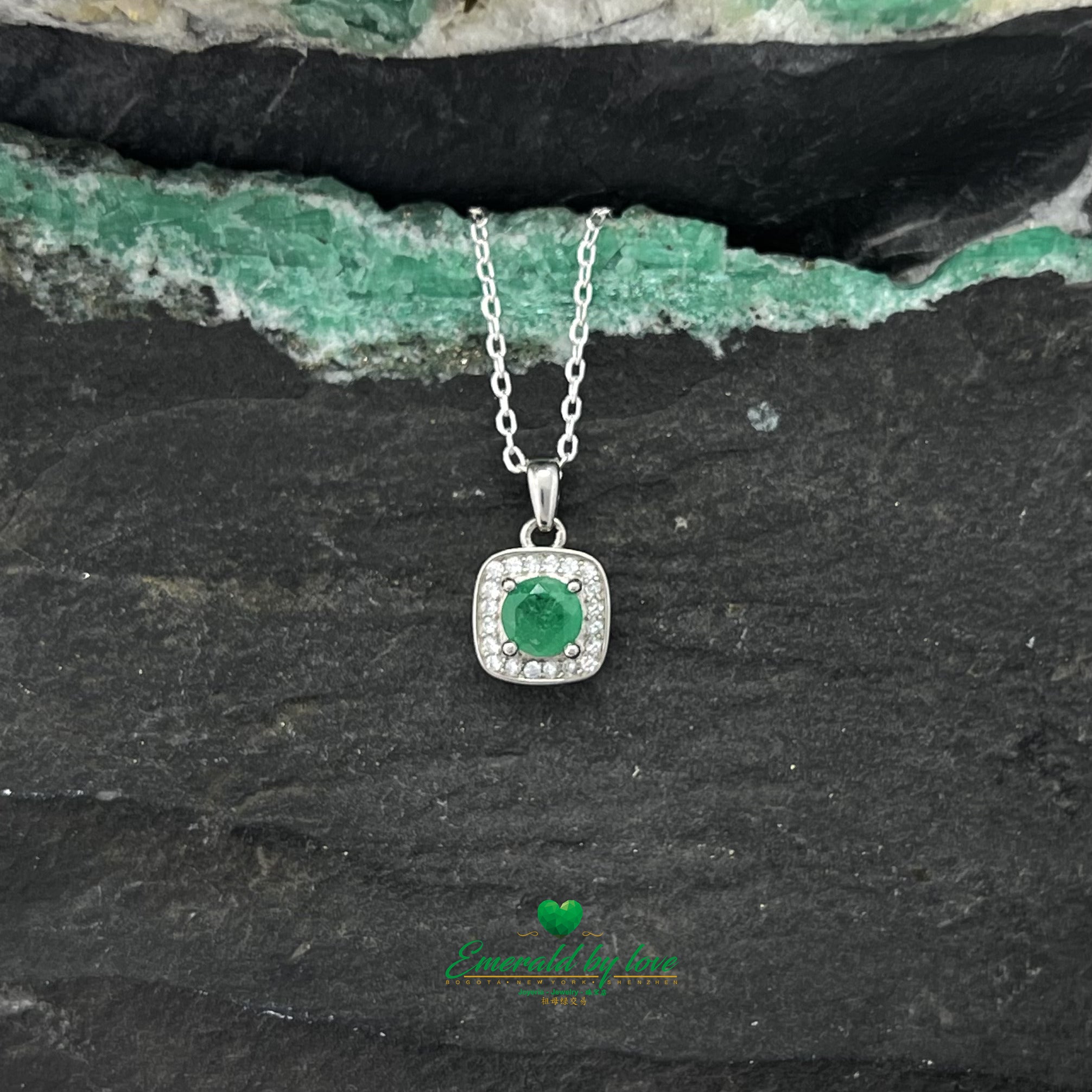 Elegant Square-Shaped Silver Pendant with Round Emerald and Zircon Accents