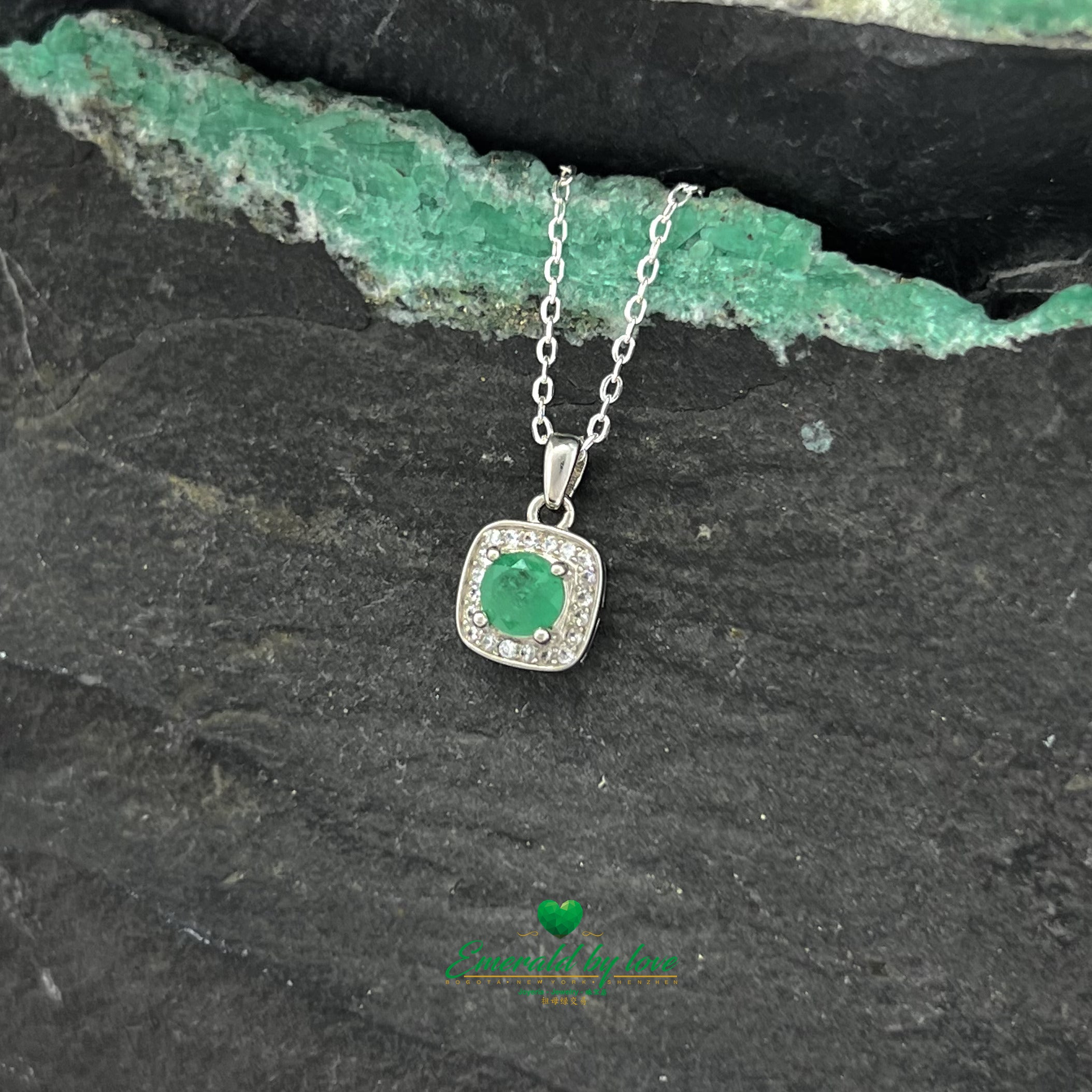 Elegant Square-Shaped Silver Pendant with Round Emerald and Zircon Accents