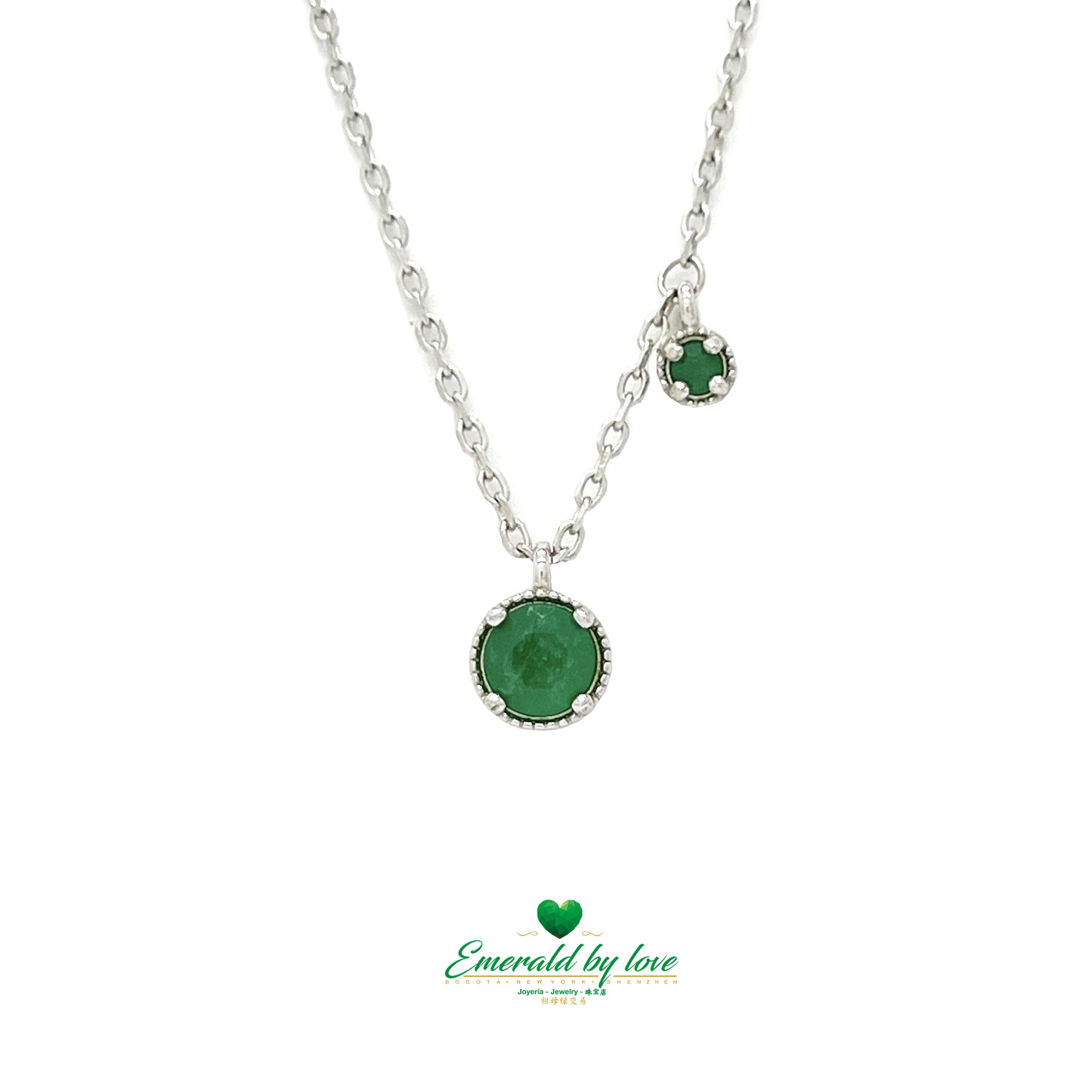 Double Round Pendant with Emeralds Large and Small Round Emeralds in Silver