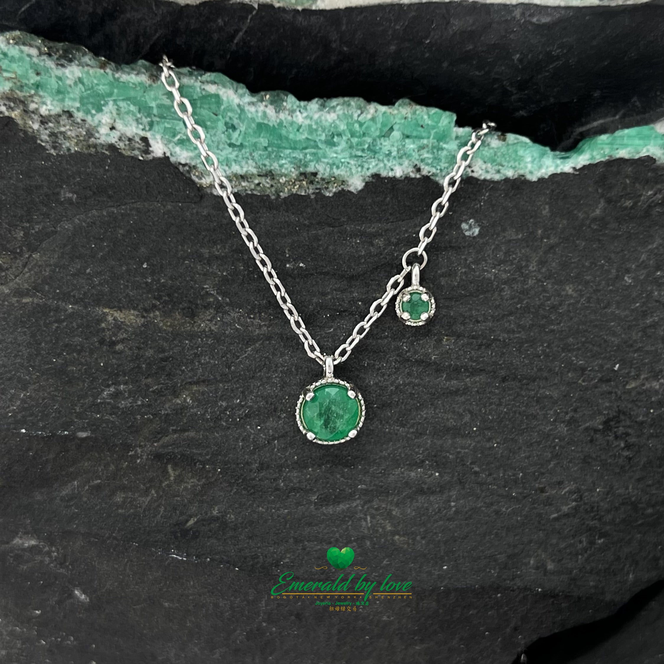 Double Round Pendant with Emeralds Large and Small Round Emeralds in Silver