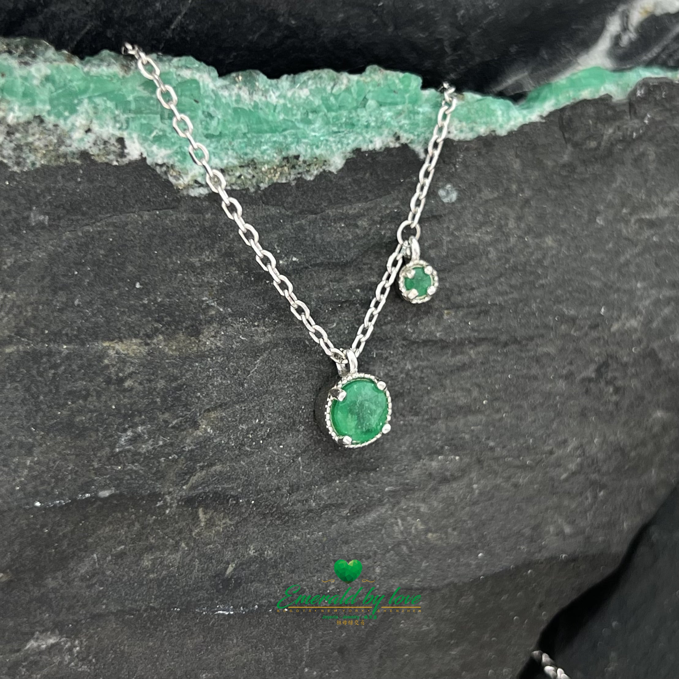 Double Round Pendant with Emeralds Large and Small Round Emeralds in Silver