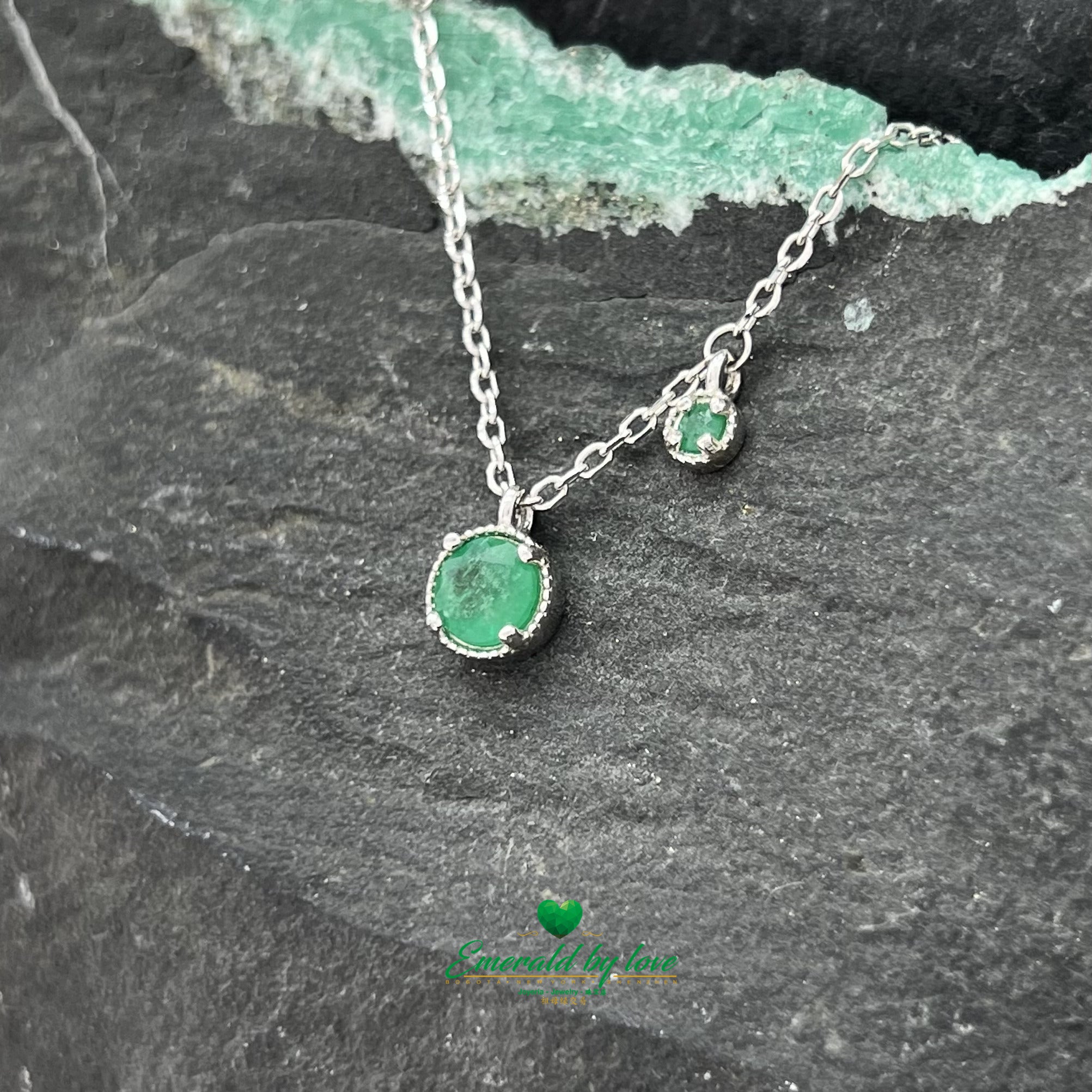 Double Round Pendant with Emeralds Large and Small Round Emeralds in Silver