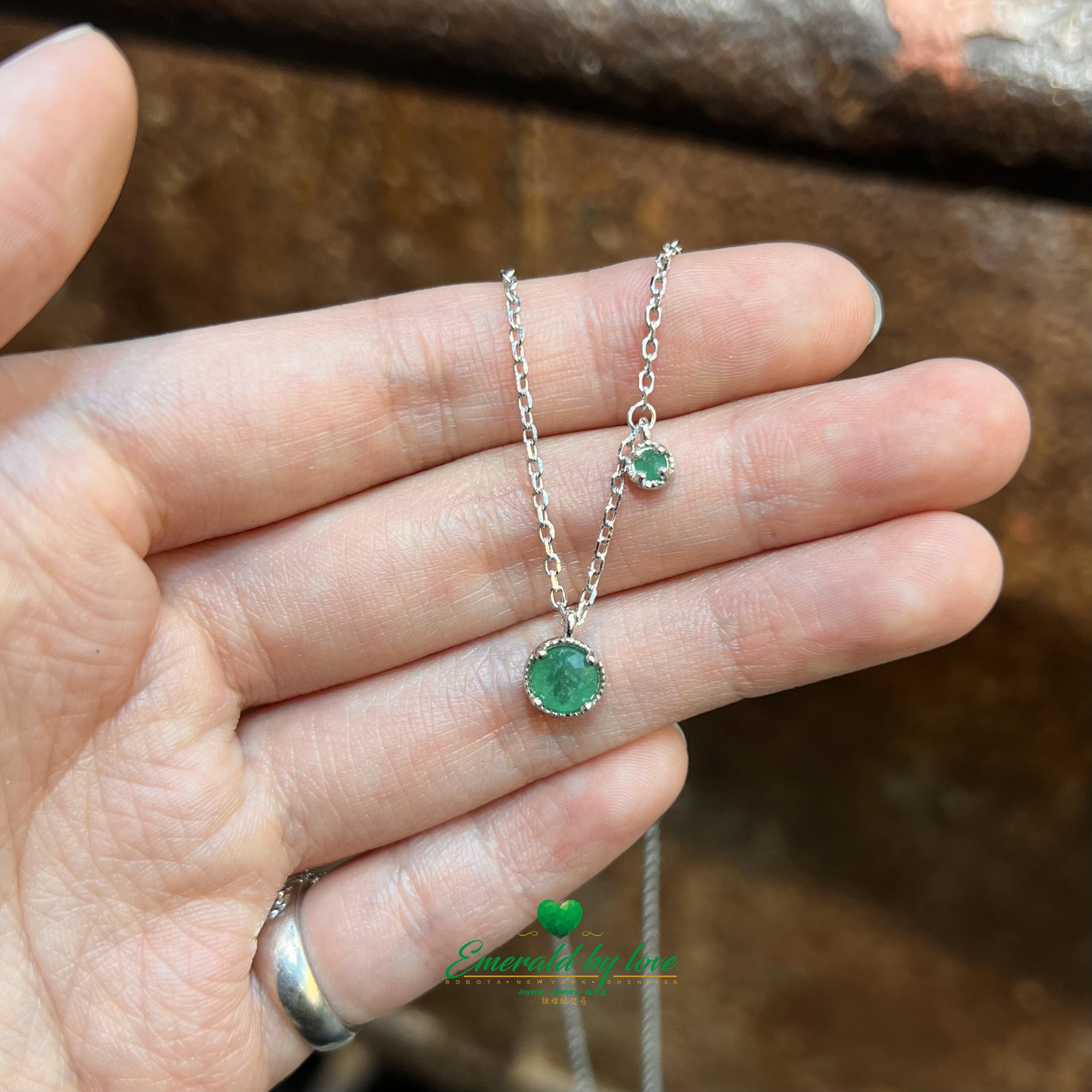 Double Round Pendant with Emeralds Large and Small Round Emeralds in Silver