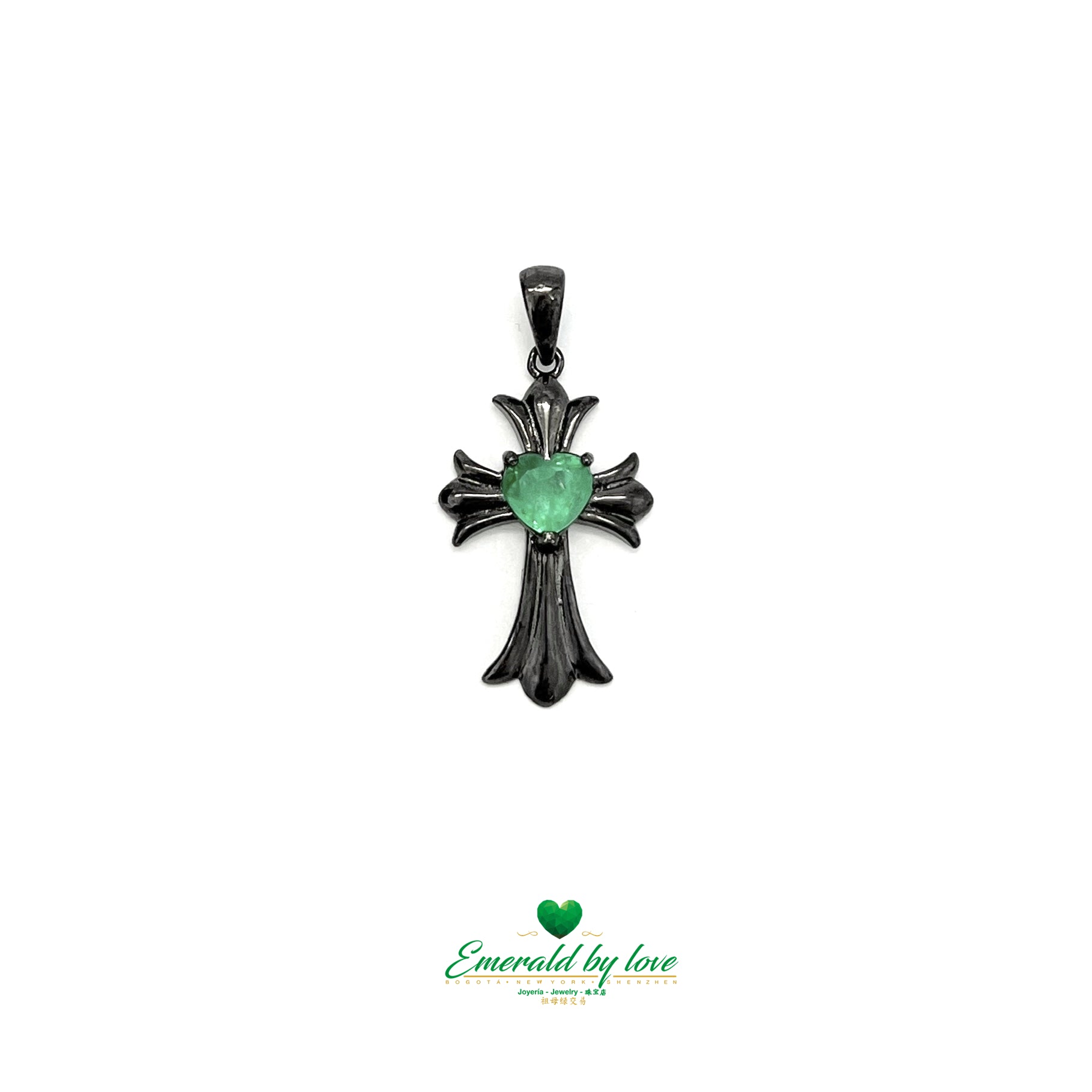 Black Rhodium-Plated Silver Cross Pendant with Heart-Shaped Central Emerald