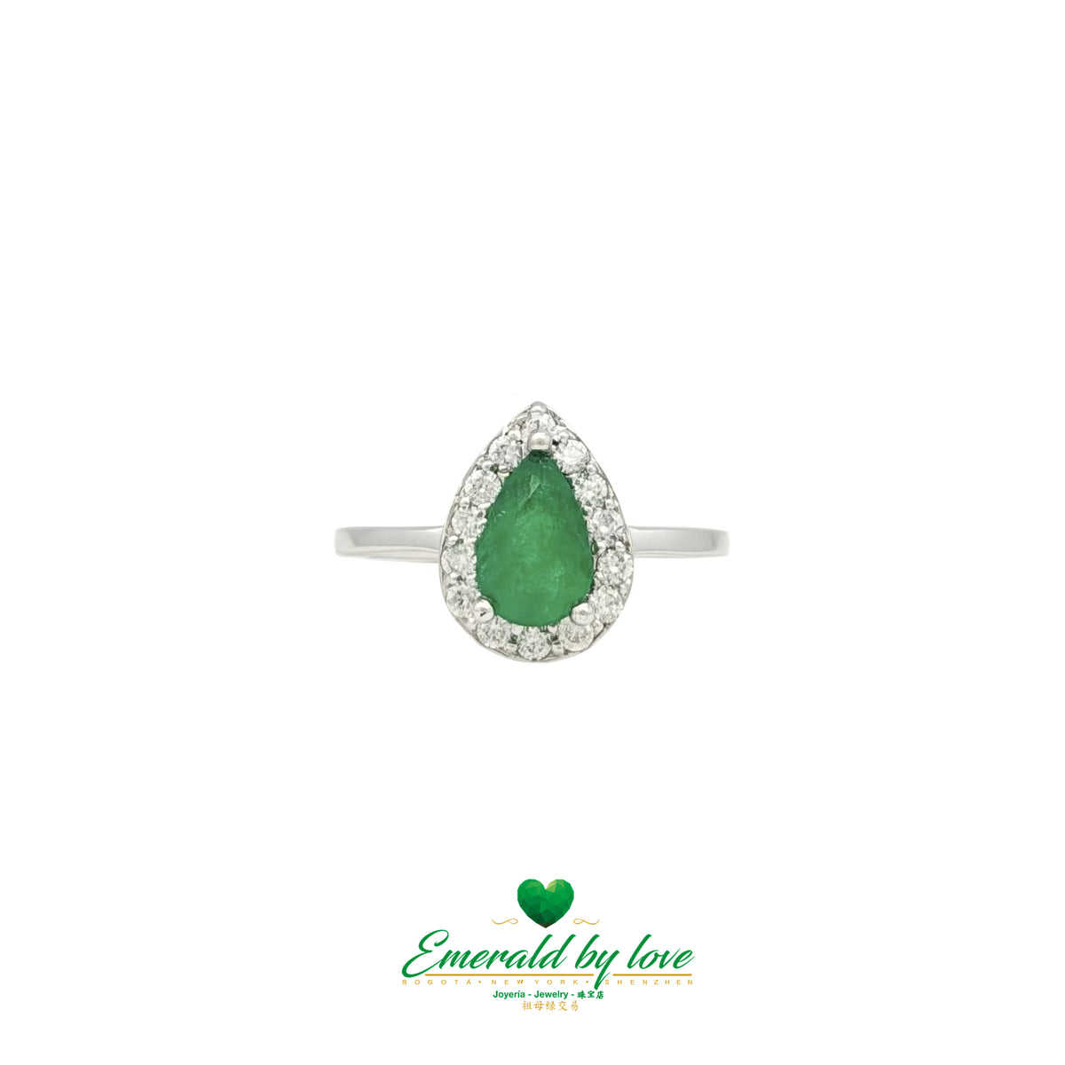 Pear-Shaped Colombian Emerald Ring with Diamond Cluster