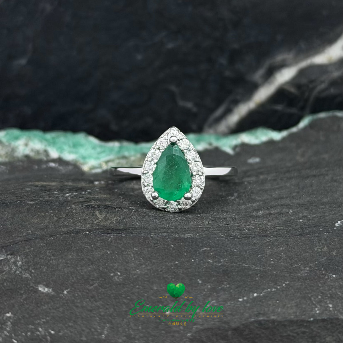 Pear Emerald and Diamond Cluster Ring