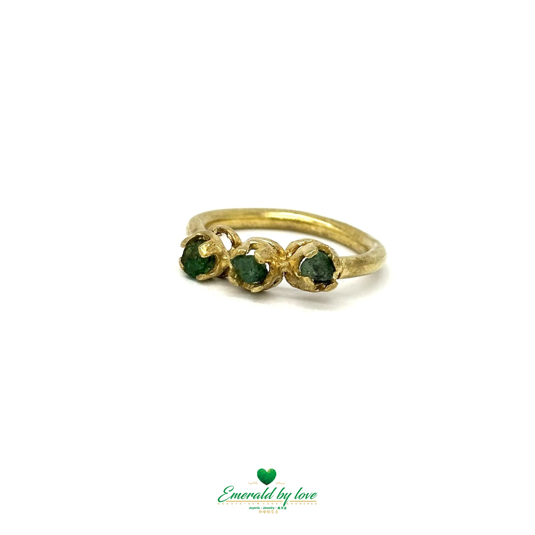 Band Ring with Three Colombian Rough-Cut Emeralds