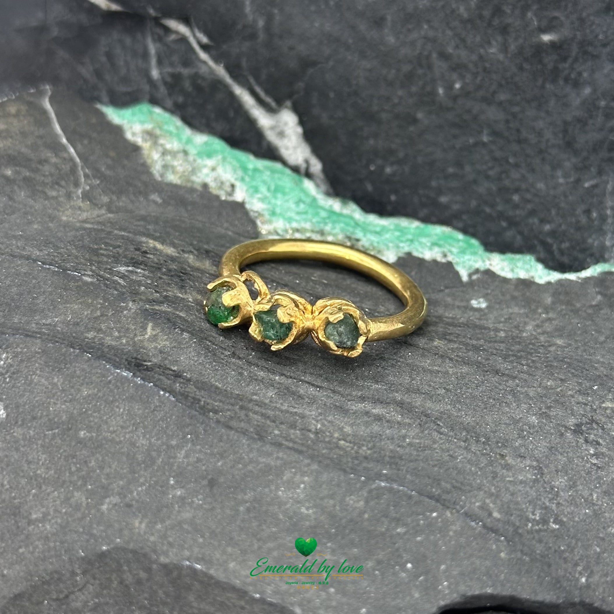 Band Ring with Three Colombian Rough-Cut Emeralds