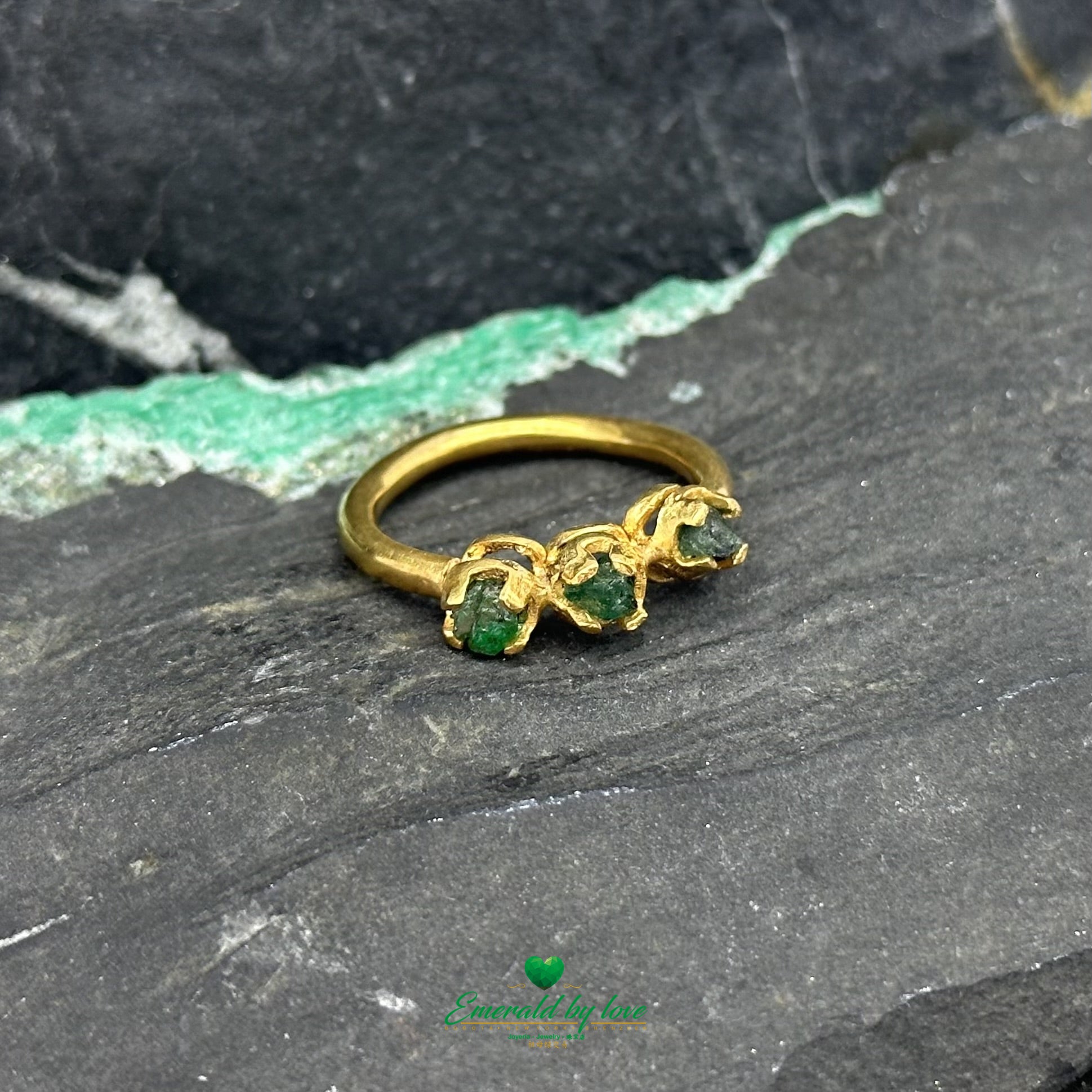 Band Ring with Three Colombian Rough-Cut Emeralds