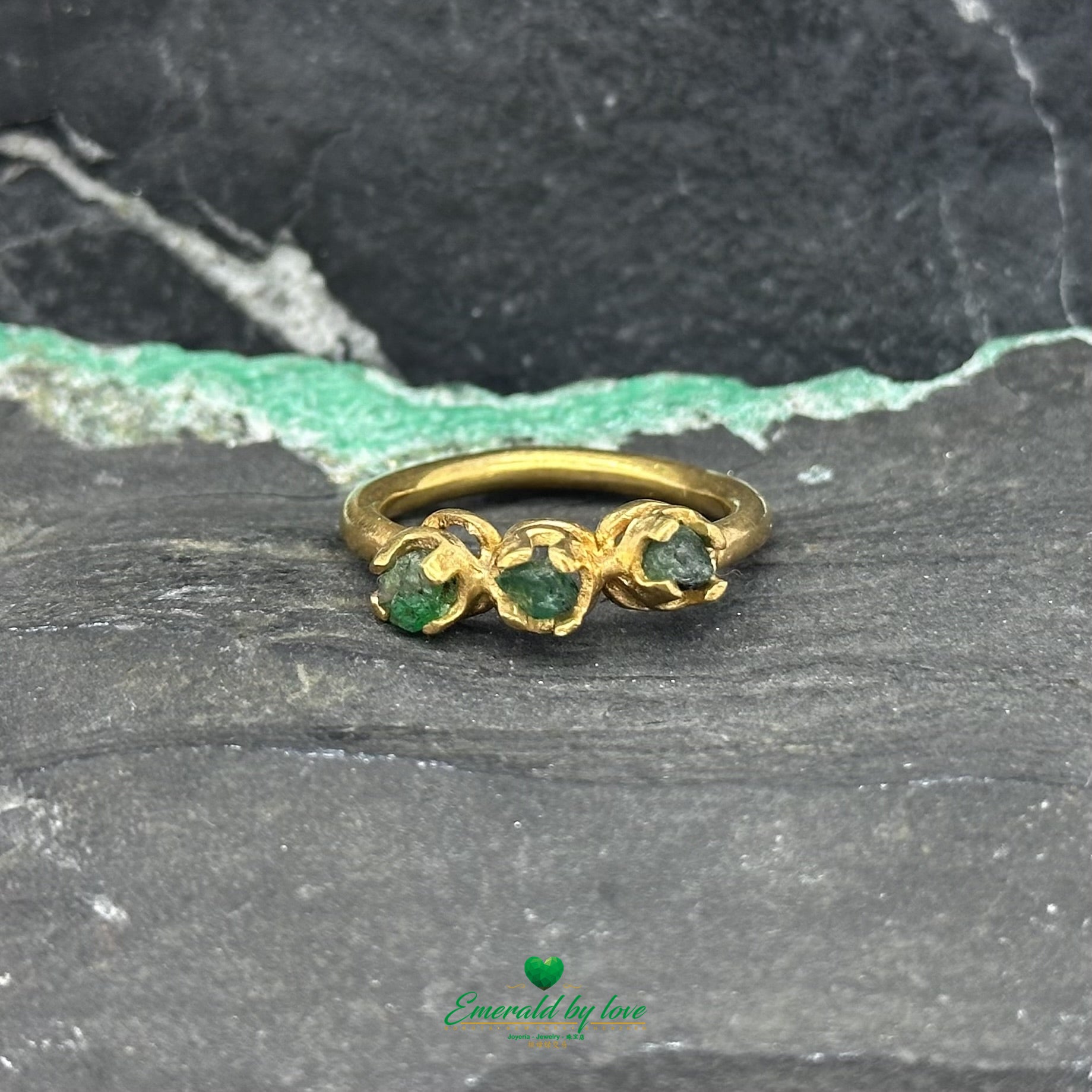 Band Ring with Three Colombian Rough-Cut Emeralds