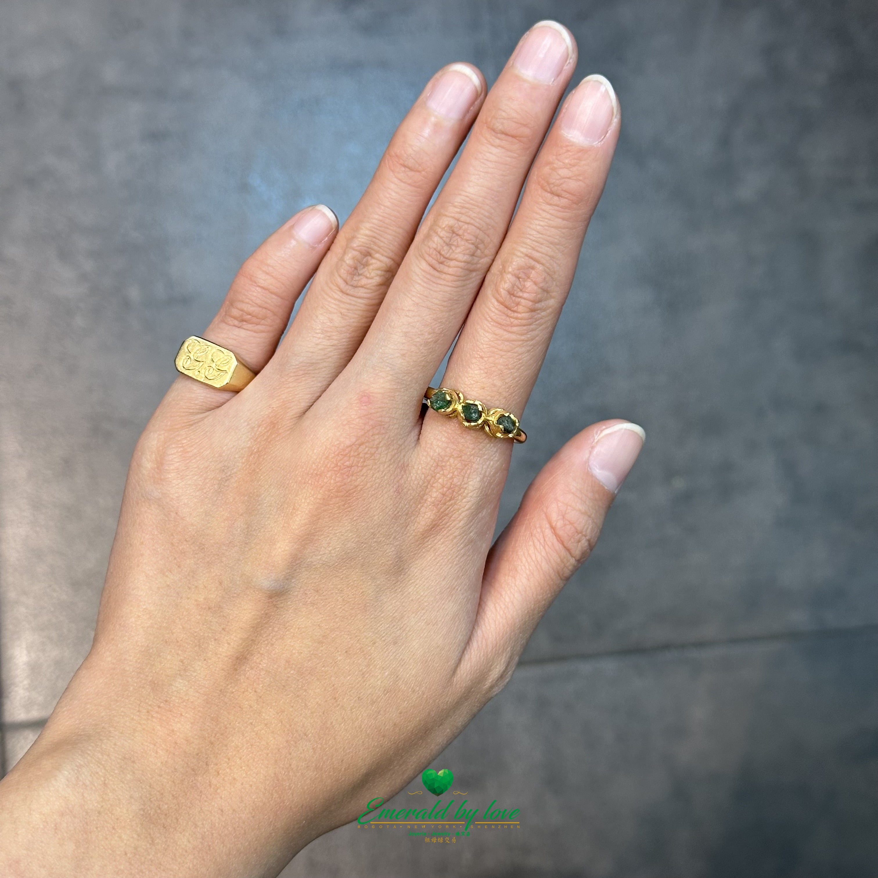 Band Ring with Three Colombian Rough-Cut Emeralds