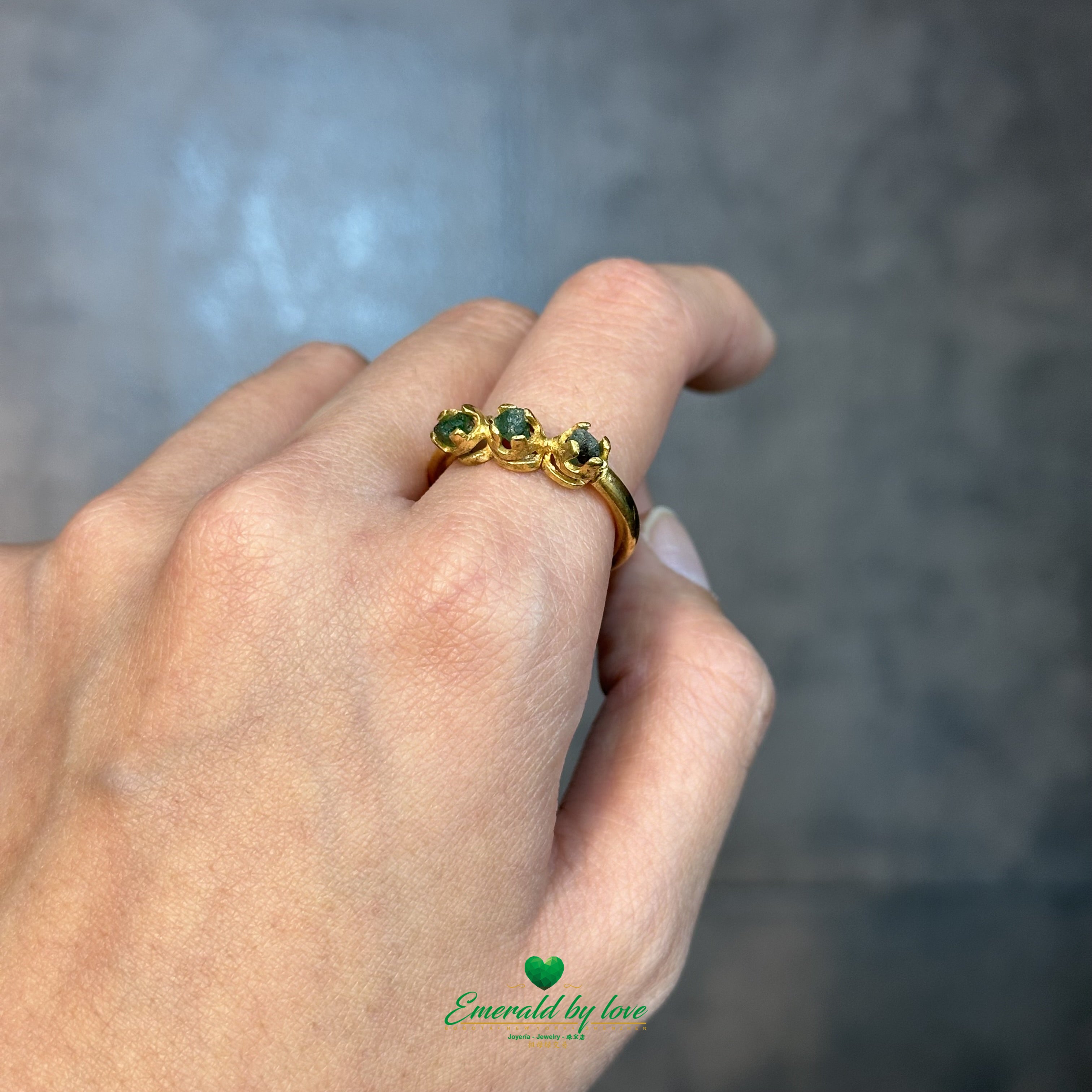 Band Ring with Three Colombian Rough-Cut Emeralds