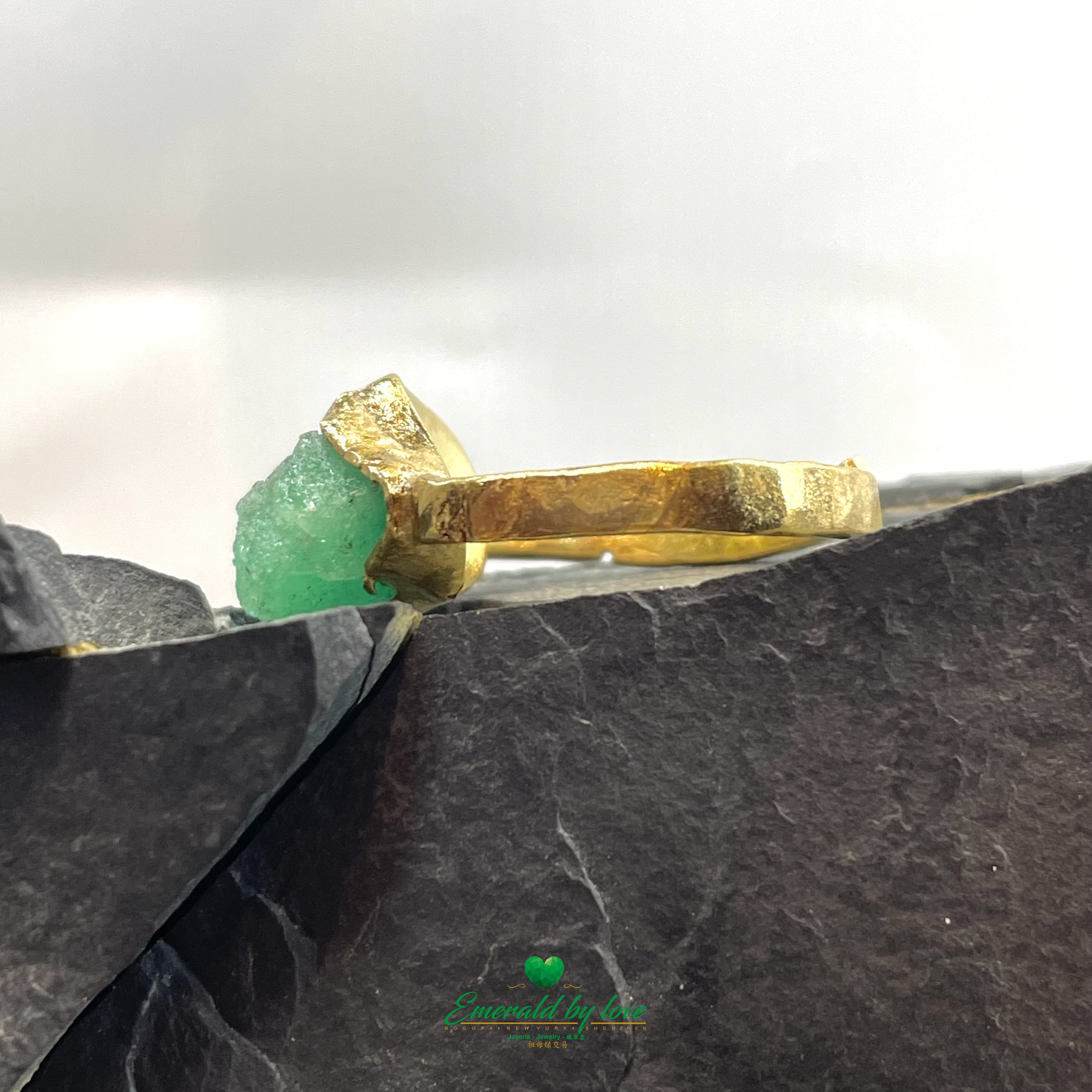 Gold-Plated Solitaire Ring with 5.0 ct Rough-Cut Emerald