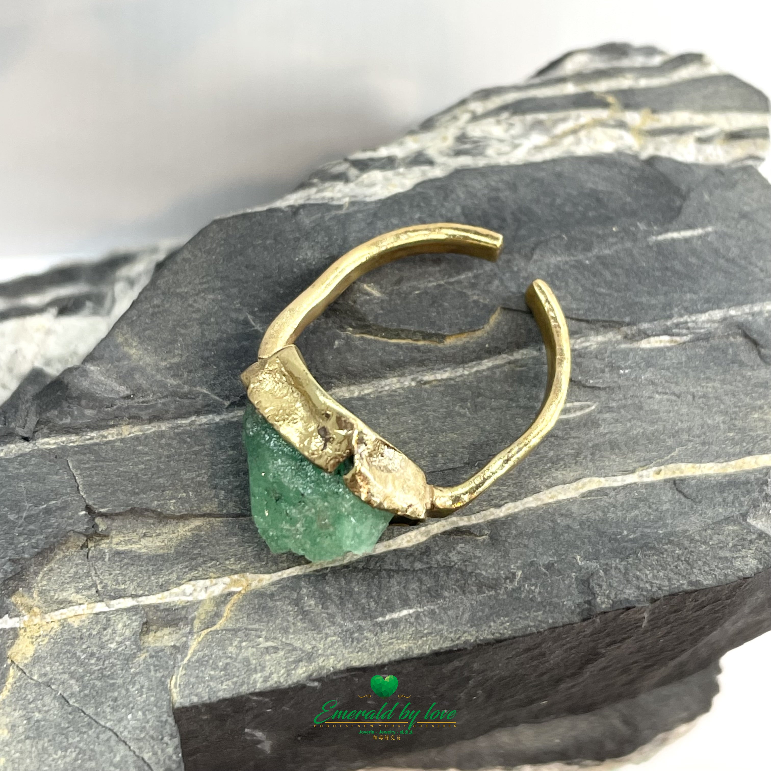 Gold-Plated Solitaire Ring with 5.0 ct Rough-Cut Emerald