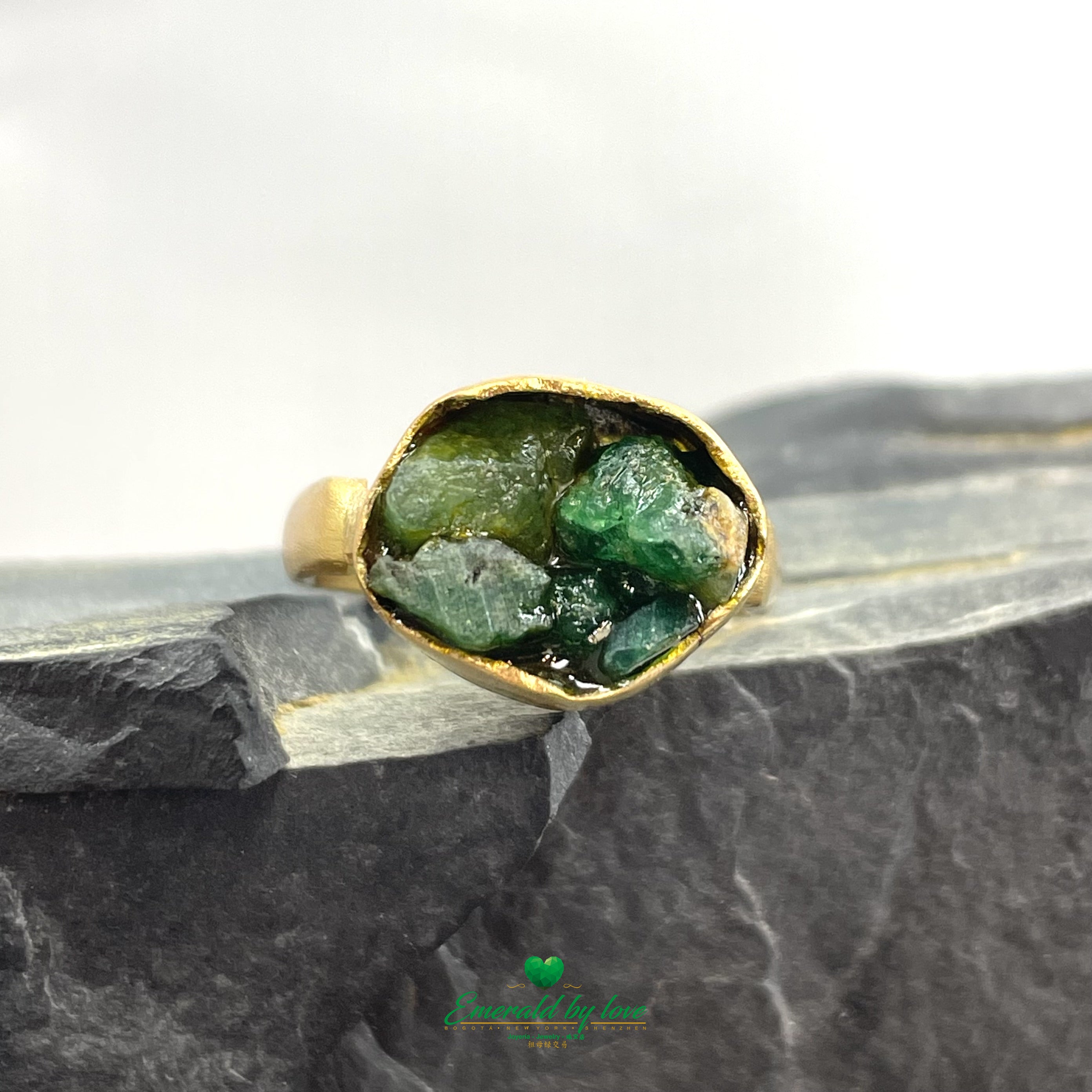 Basket Ring with Rough-Cut Colombian Emeralds