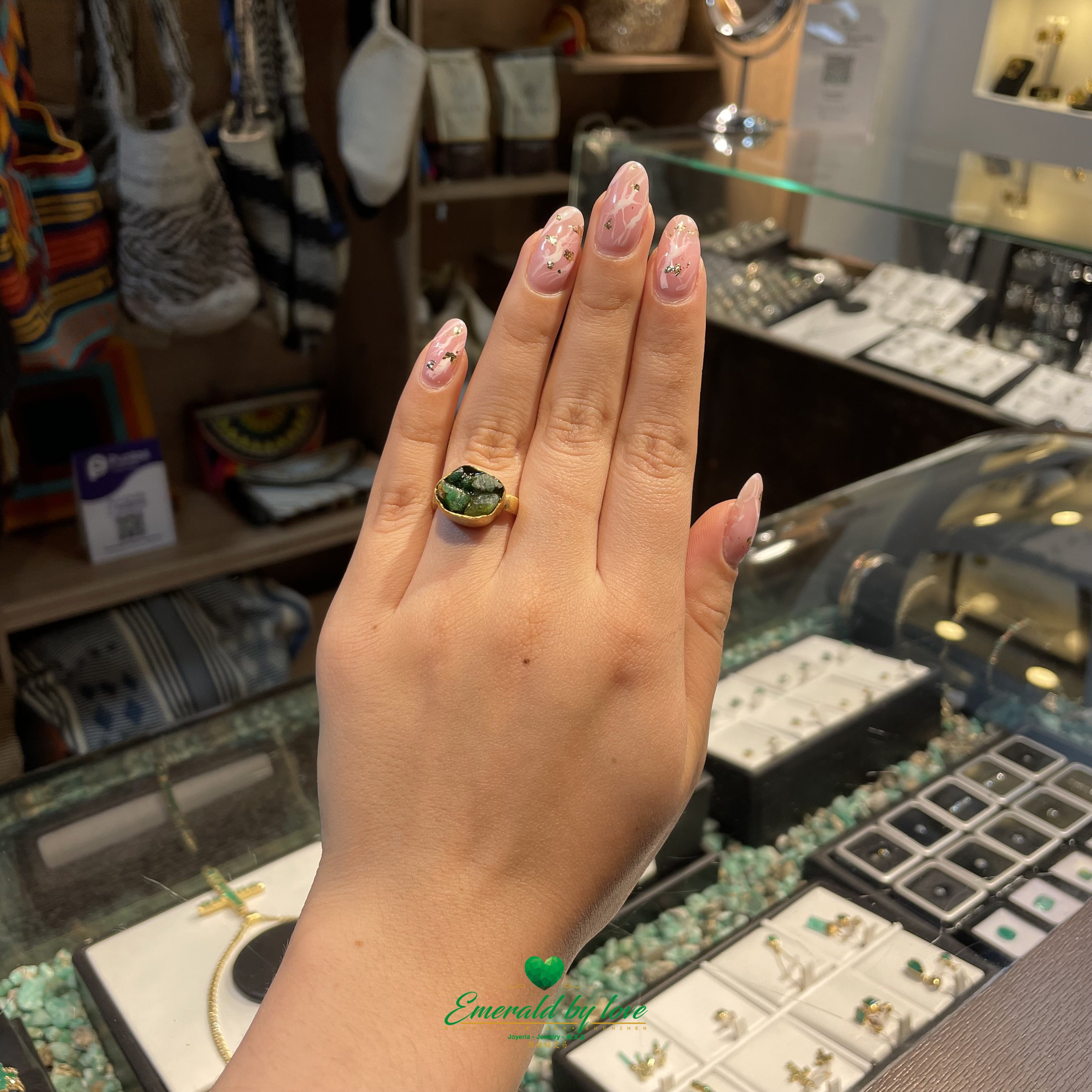 Basket Ring with Rough-Cut Colombian Emeralds