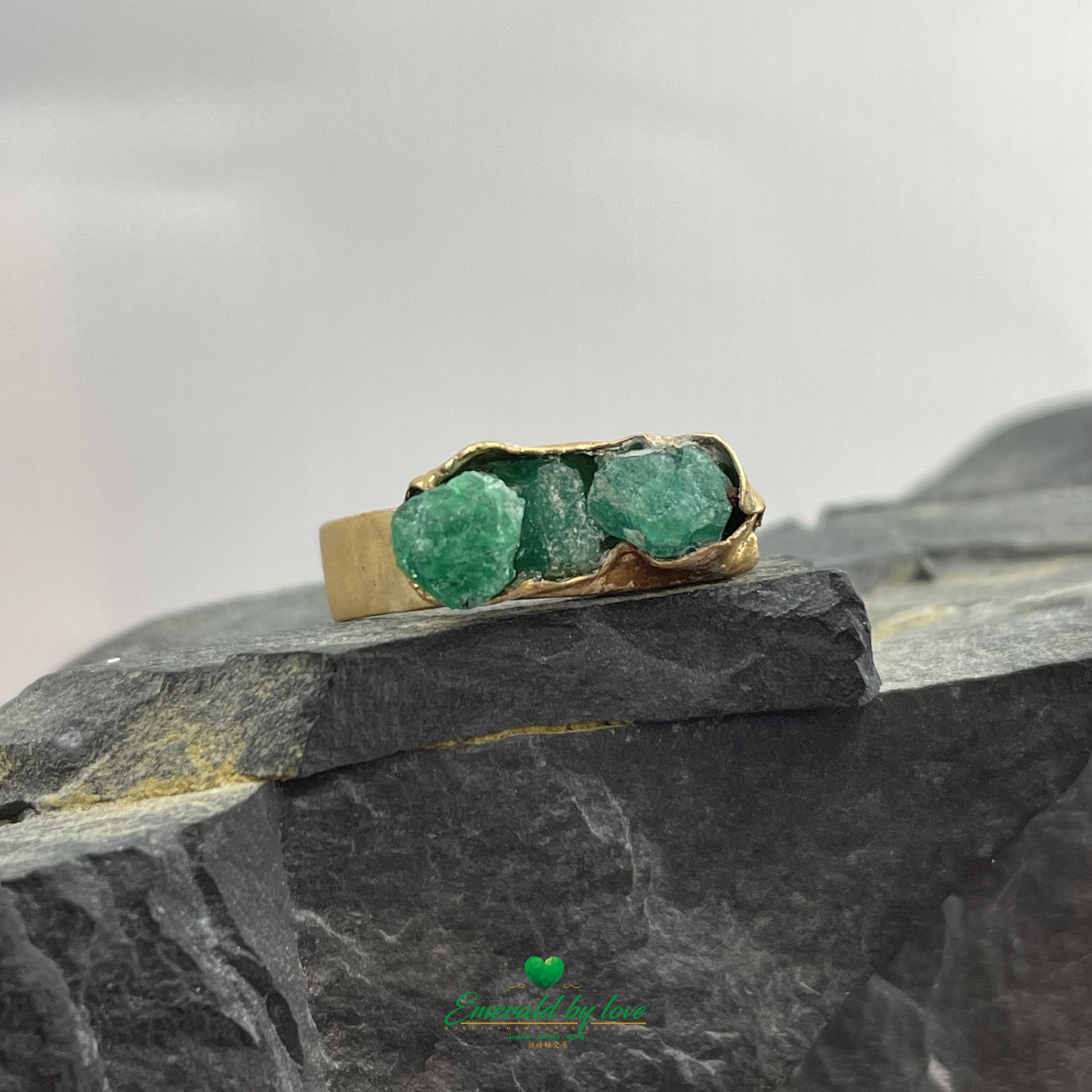 Amorphous Band Ring with Rough-Cut Colombian Emeralds