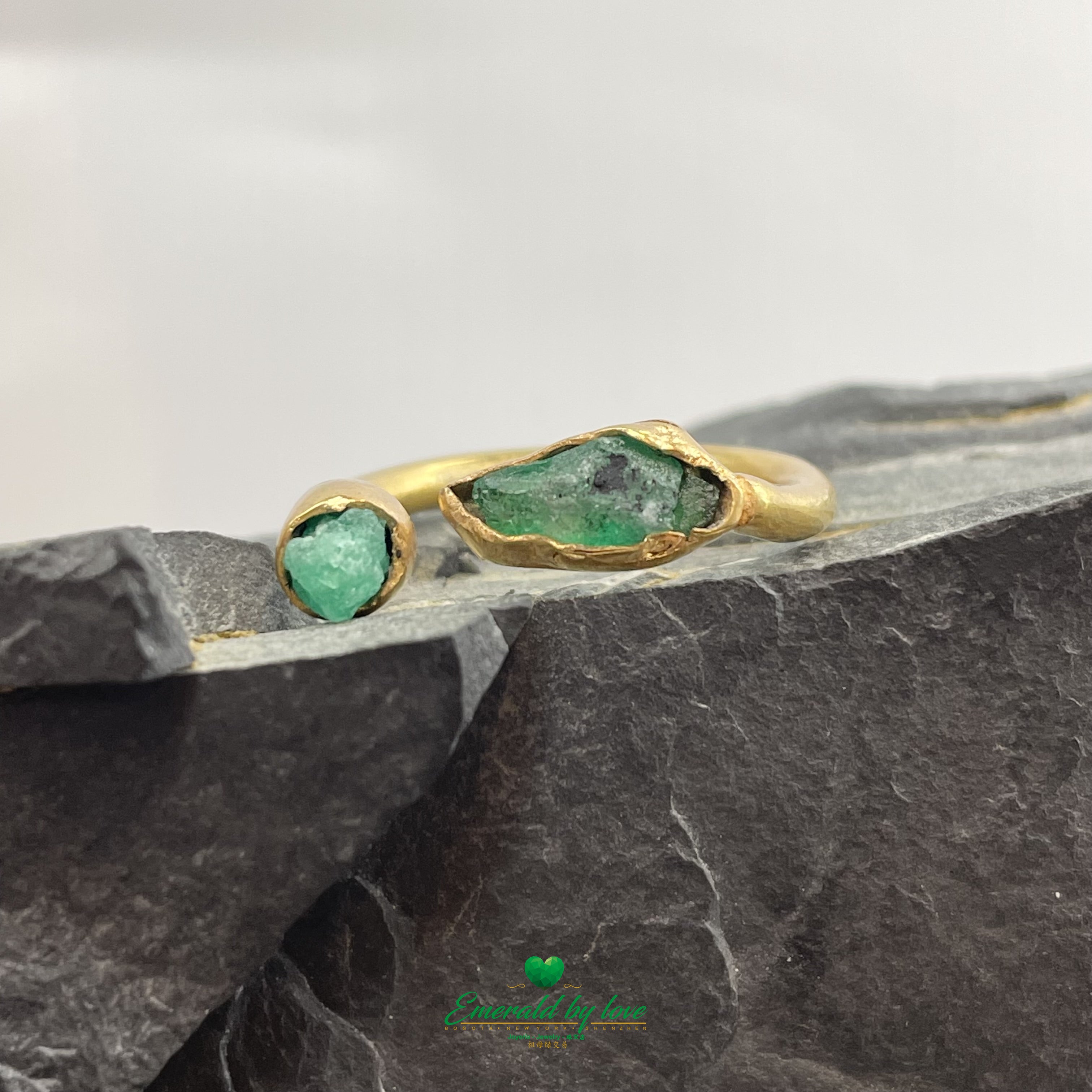 Golden Open Band Ring with Dual Rough-Cut Emeralds