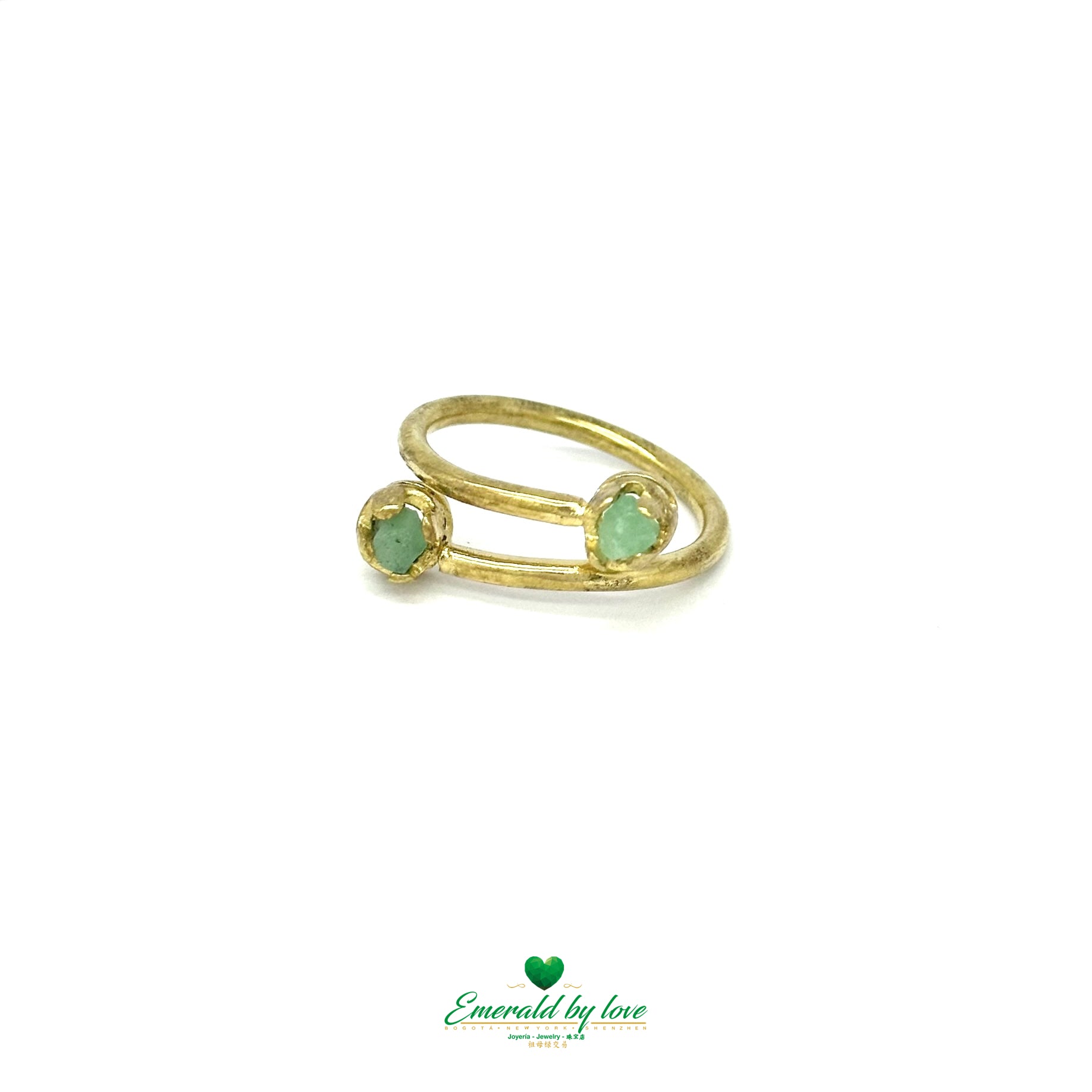 Curved Ring with Dual Rough-Cut Emeralds in 24k Gold-Plated