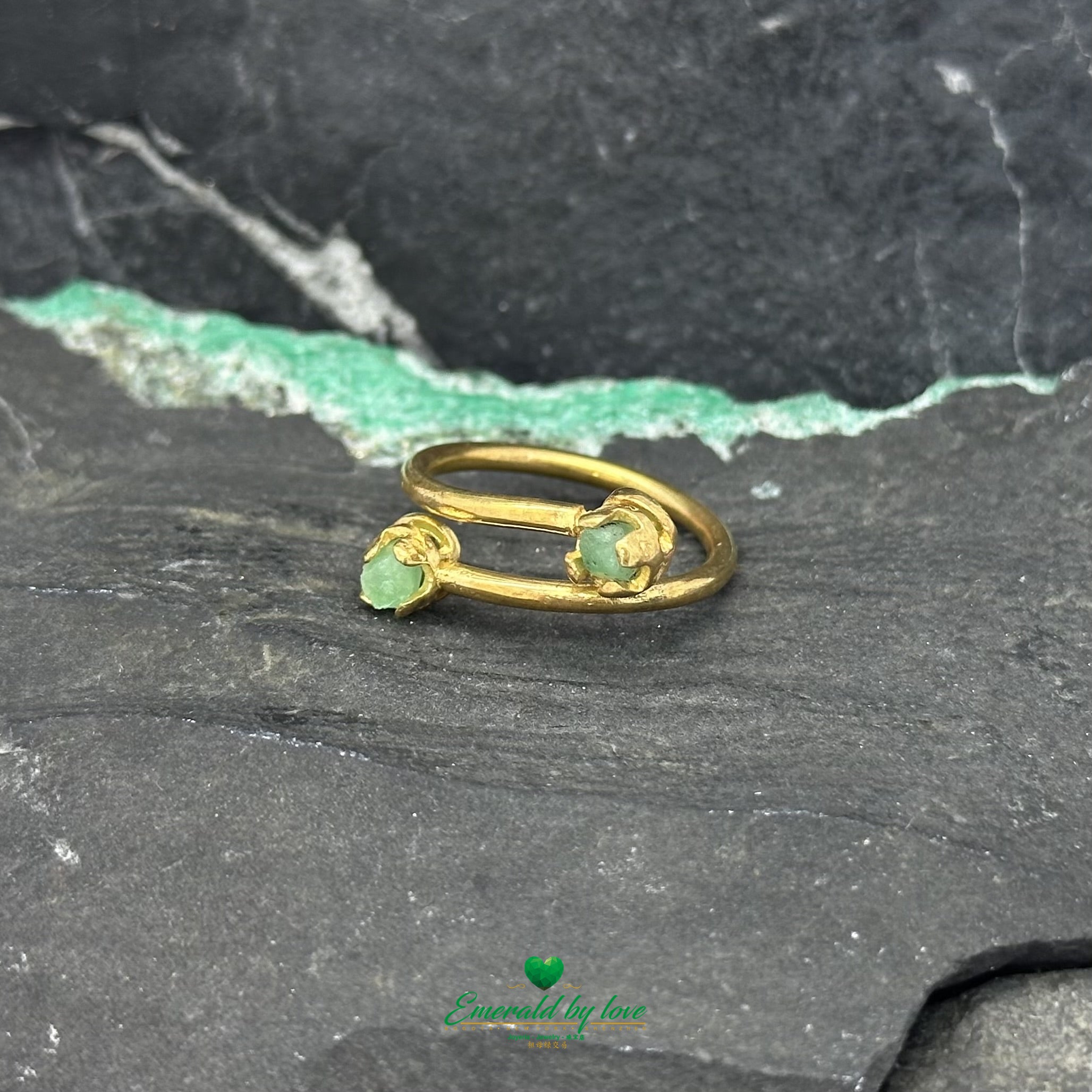 Curved Ring with Dual Rough-Cut Emeralds in 24k Gold-Plated