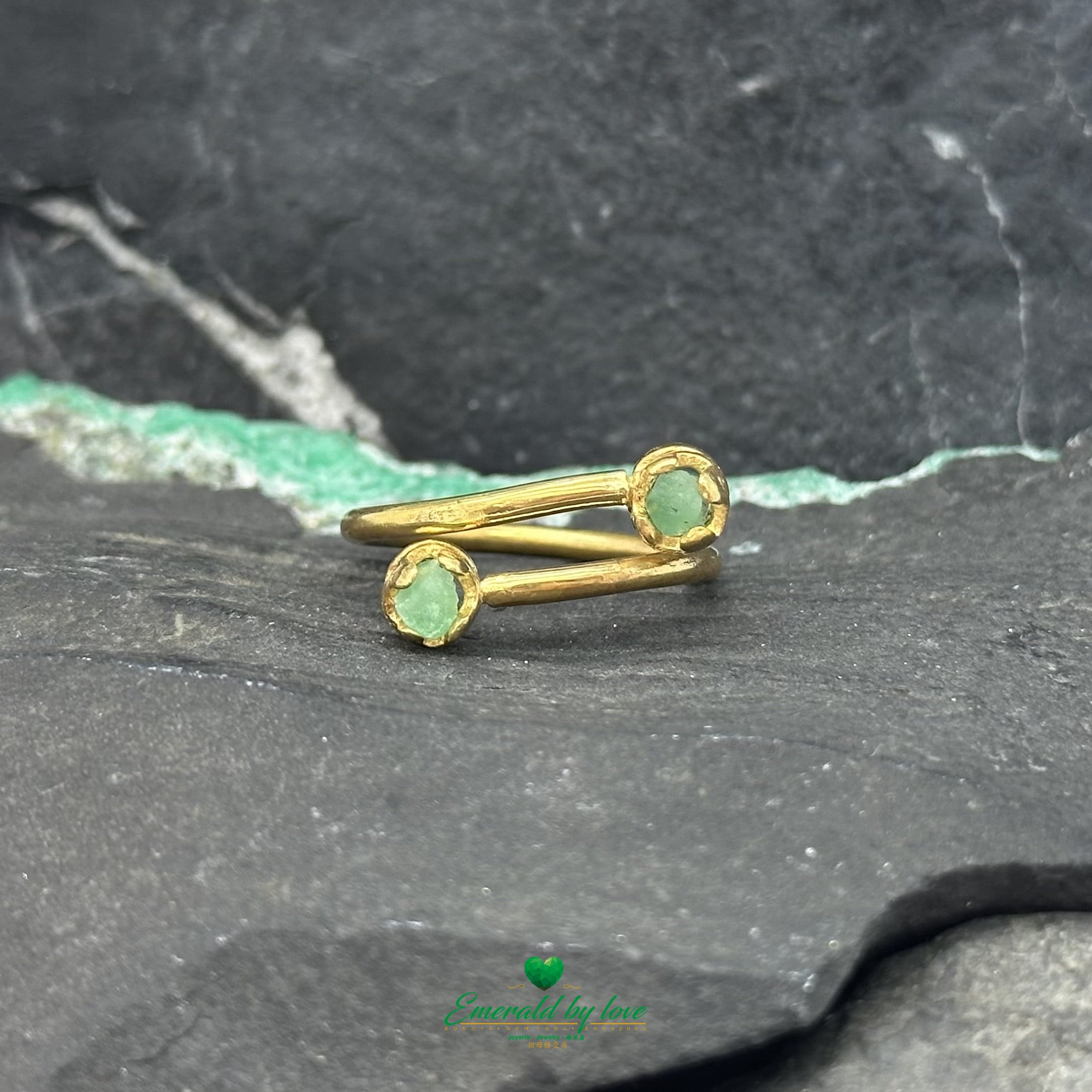 Curved Ring with Dual Rough-Cut Emeralds in 24k Gold-Plated