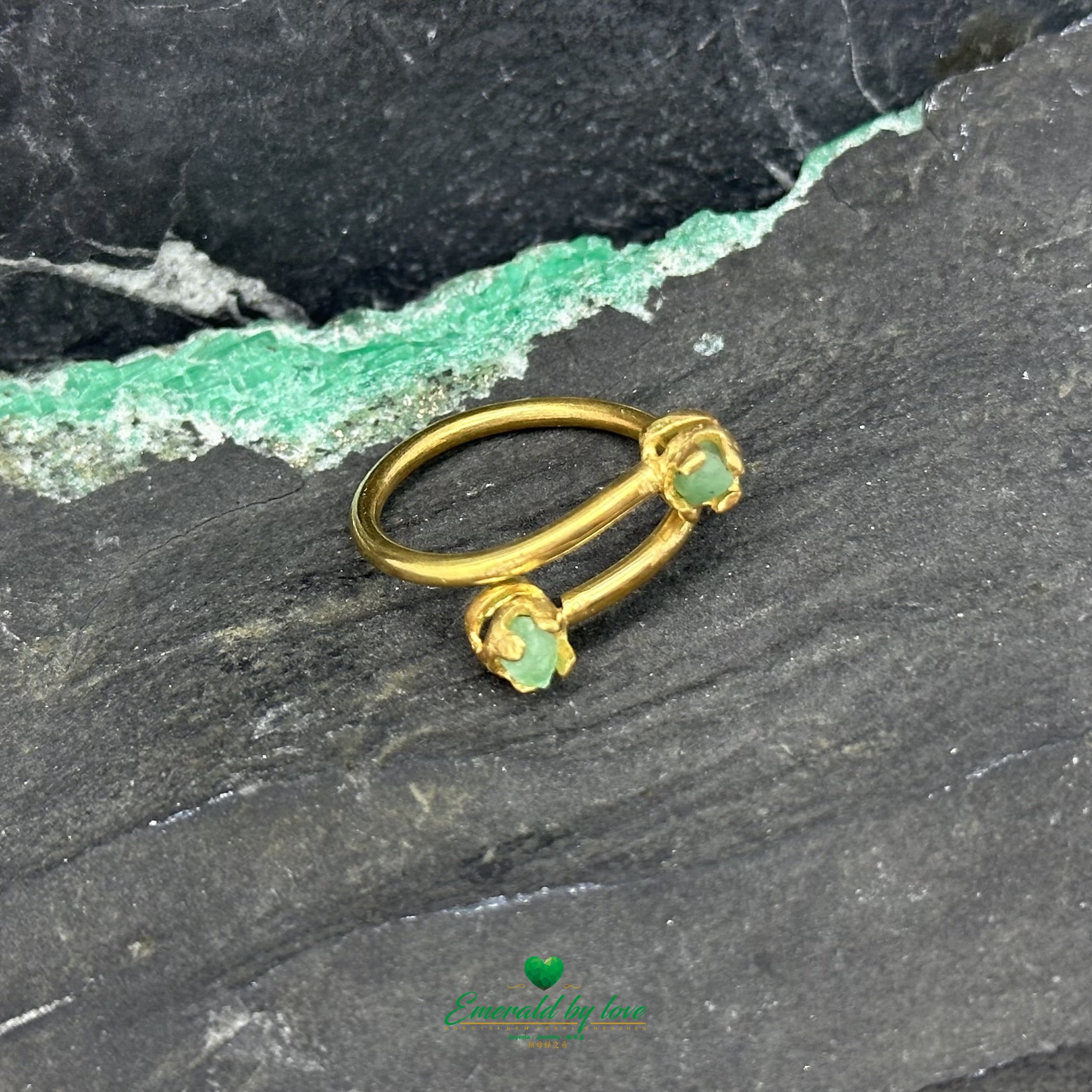 Curved Ring with Dual Rough-Cut Emeralds in 24k Gold-Plated