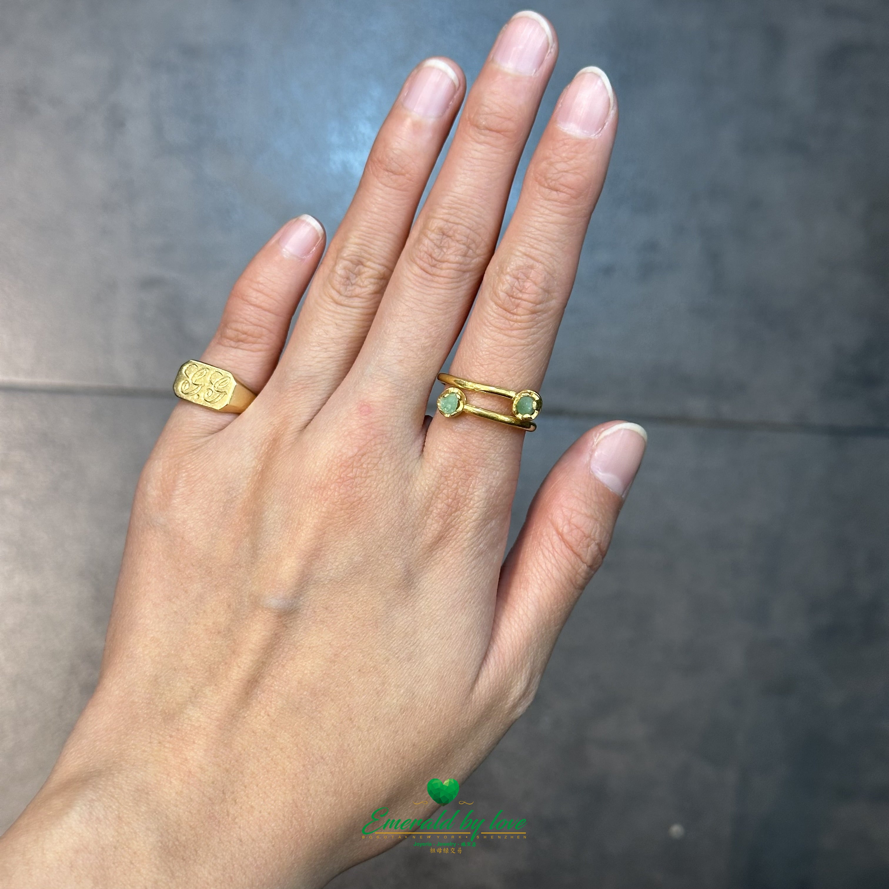 Curved Ring with Dual Rough-Cut Emeralds in 24k Gold-Plated