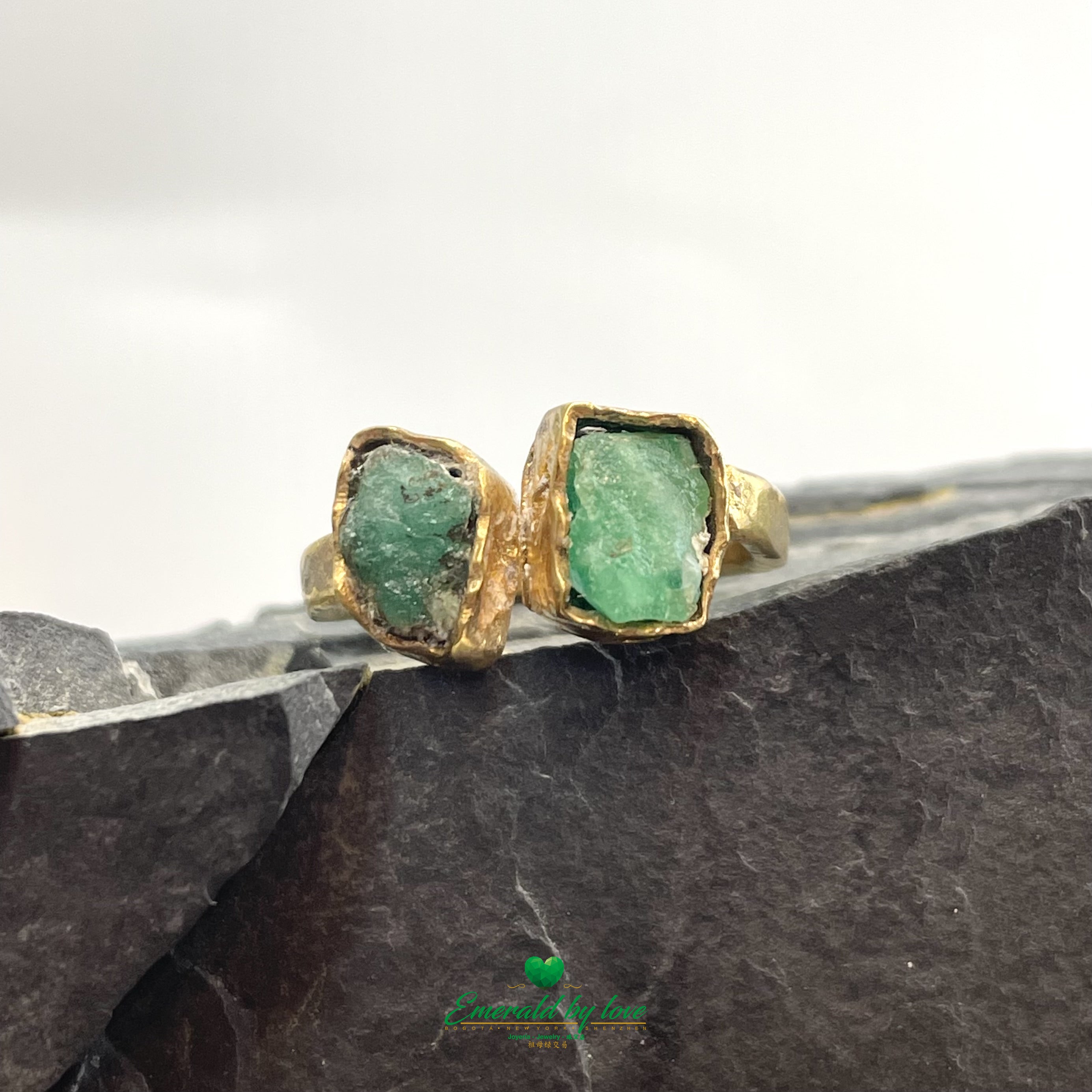 Ring with Dual Rough-Cut Colombian Emeralds