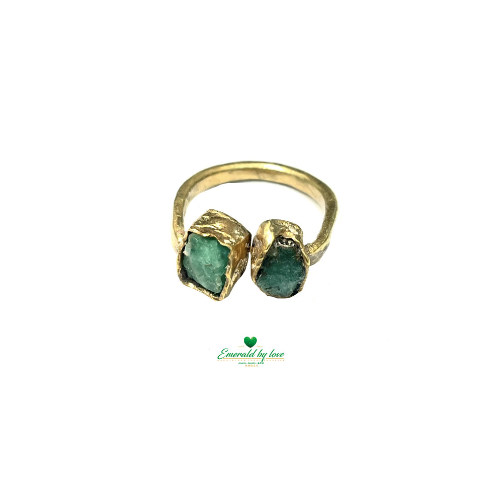 Ring with Dual Rough-Cut Colombian Emeralds