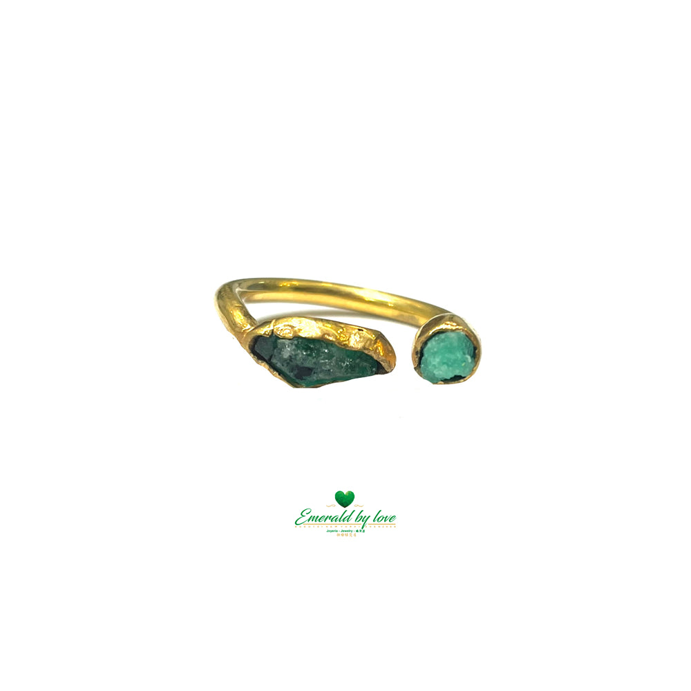 Golden Open Band Ring with Dual Rough-Cut Emeralds