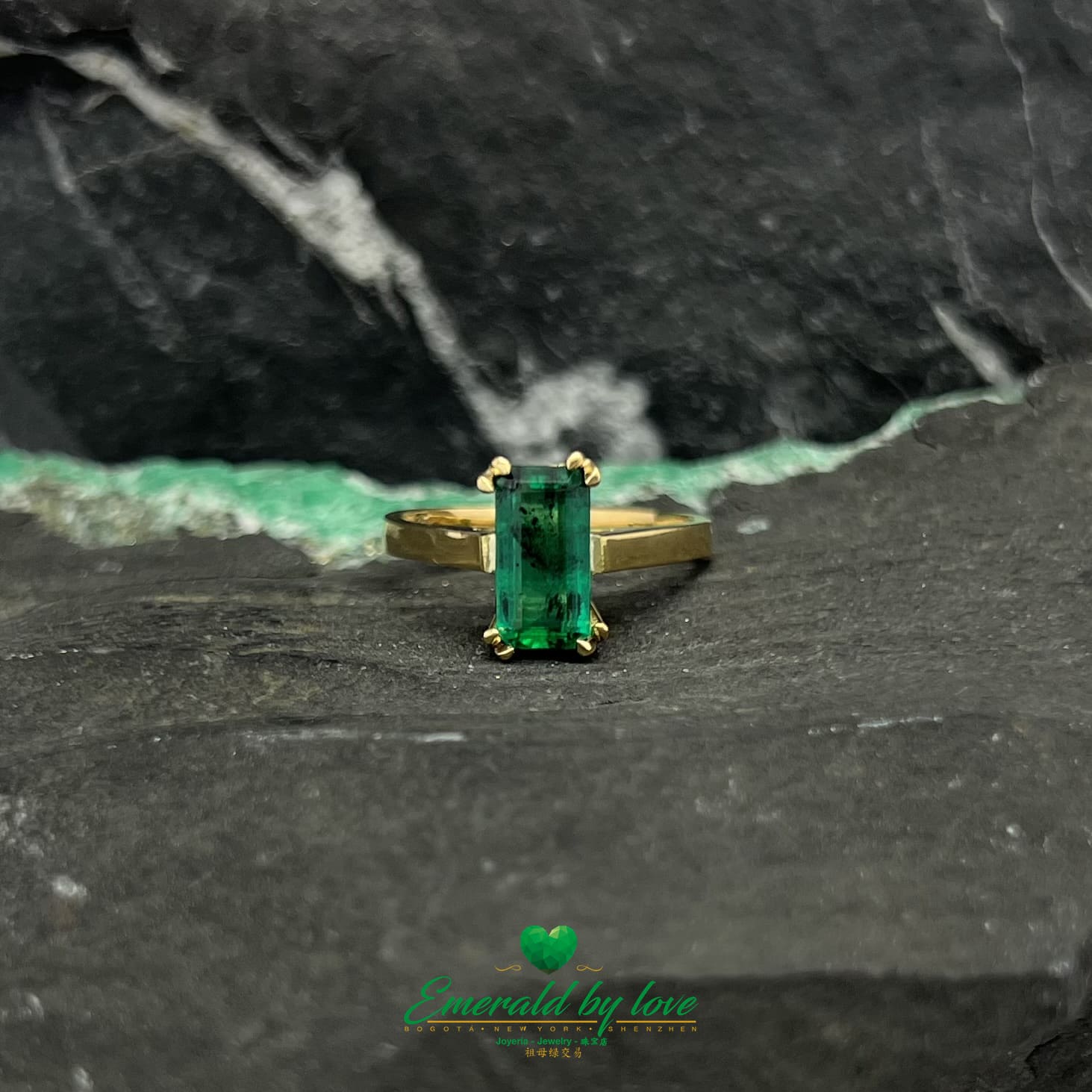 Divine Yellow Gold Ring with Rectangular Emerald in U-Prong Setting