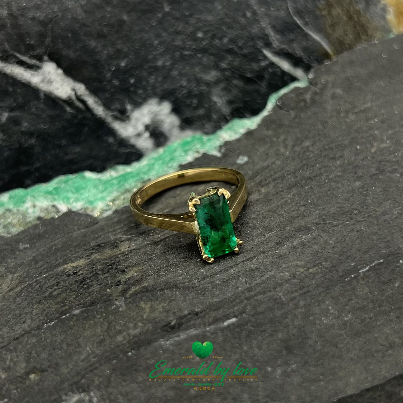 Divine Yellow Gold Ring with Rectangular Emerald in U-Prong Setting