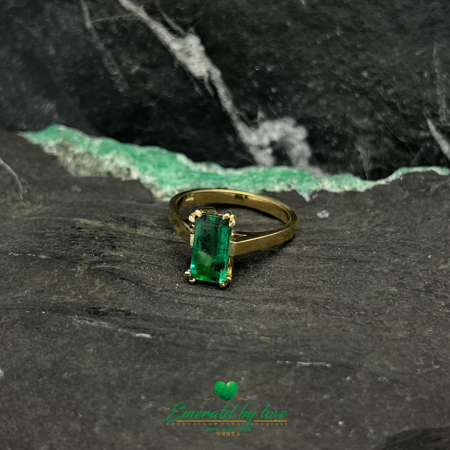 Divine Yellow Gold Ring with Rectangular Emerald in U-Prong Setting