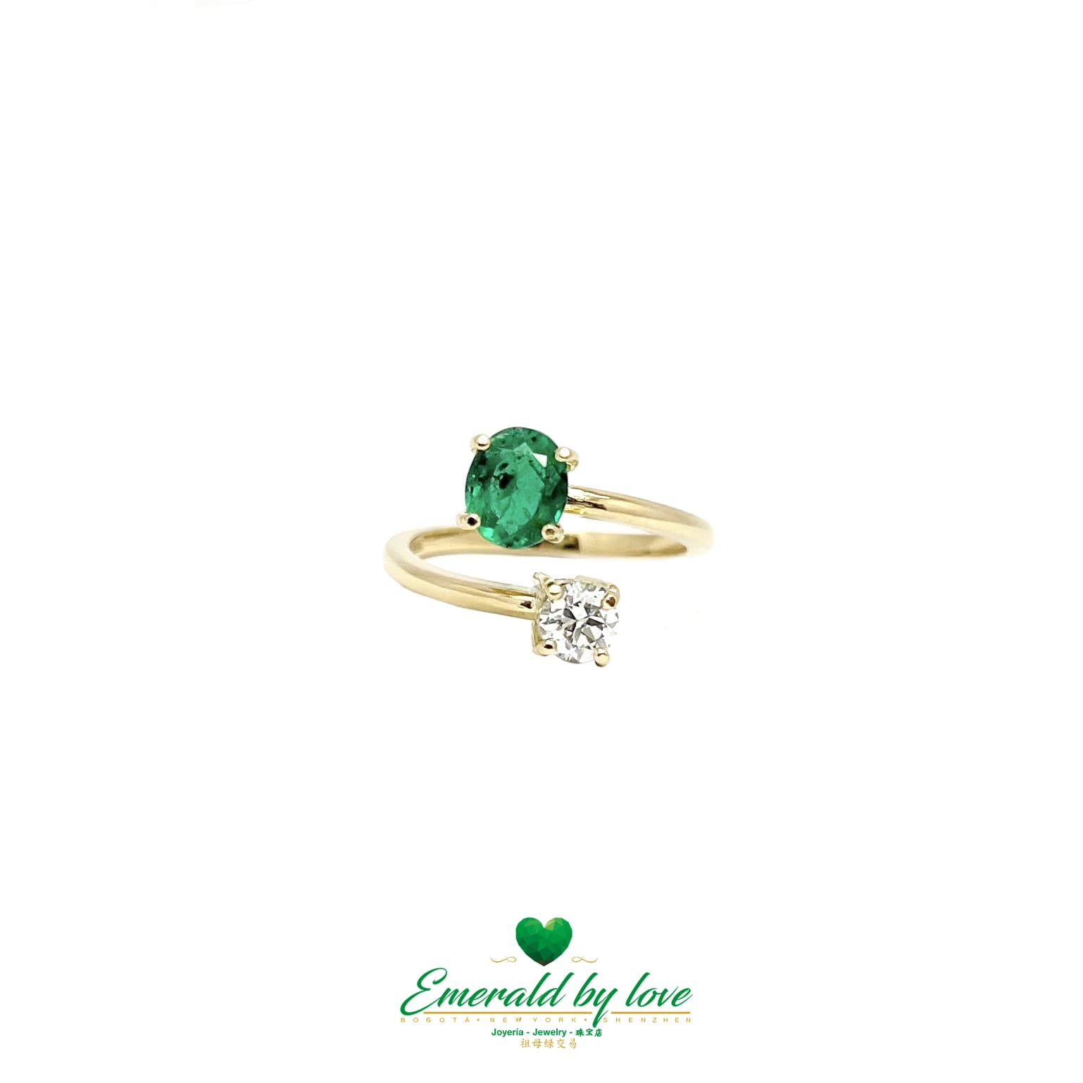 Oval Emerald and Round Diamond Yellow Gold Ring