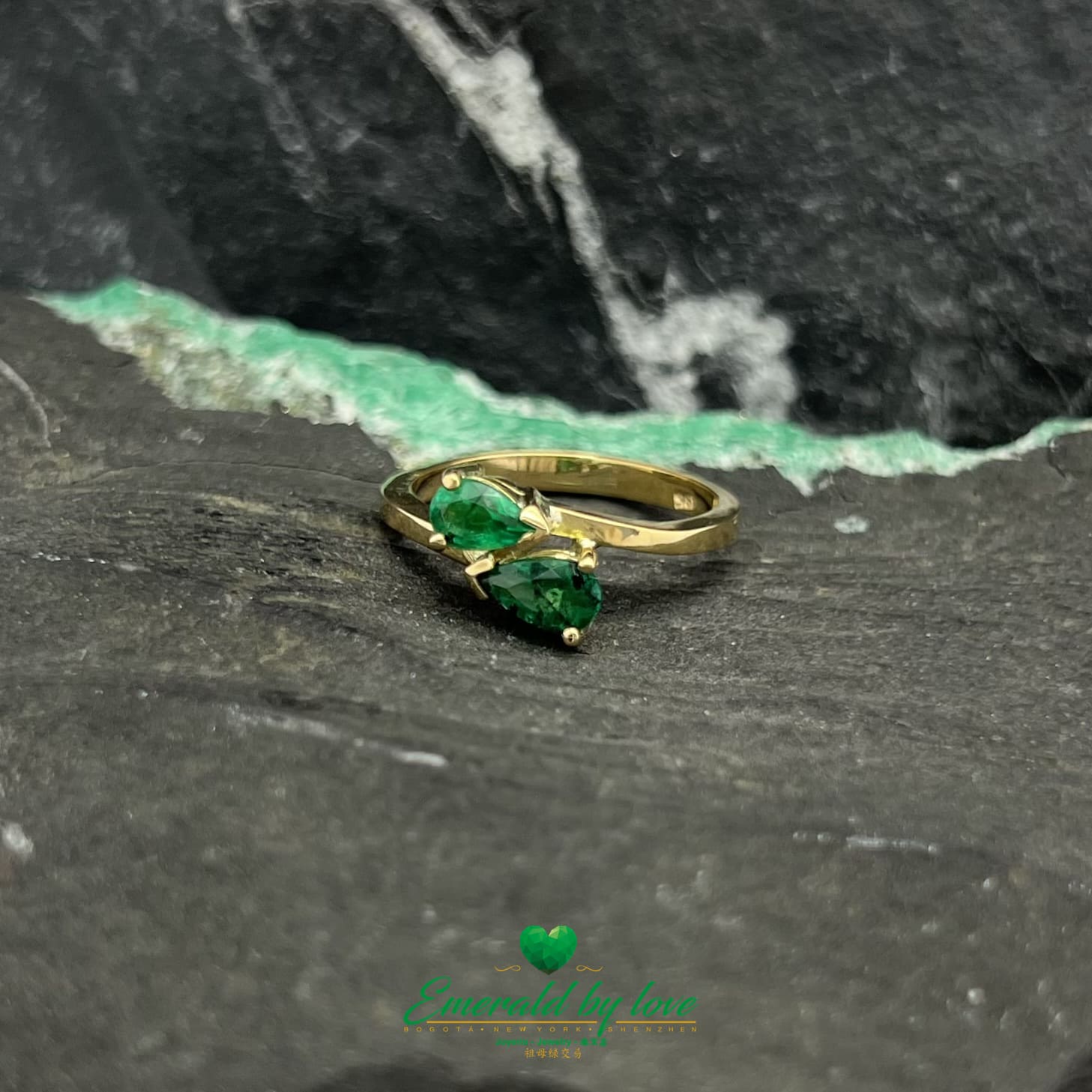 Dark Green Teardrop Emerald Duo Yellow Gold Ring