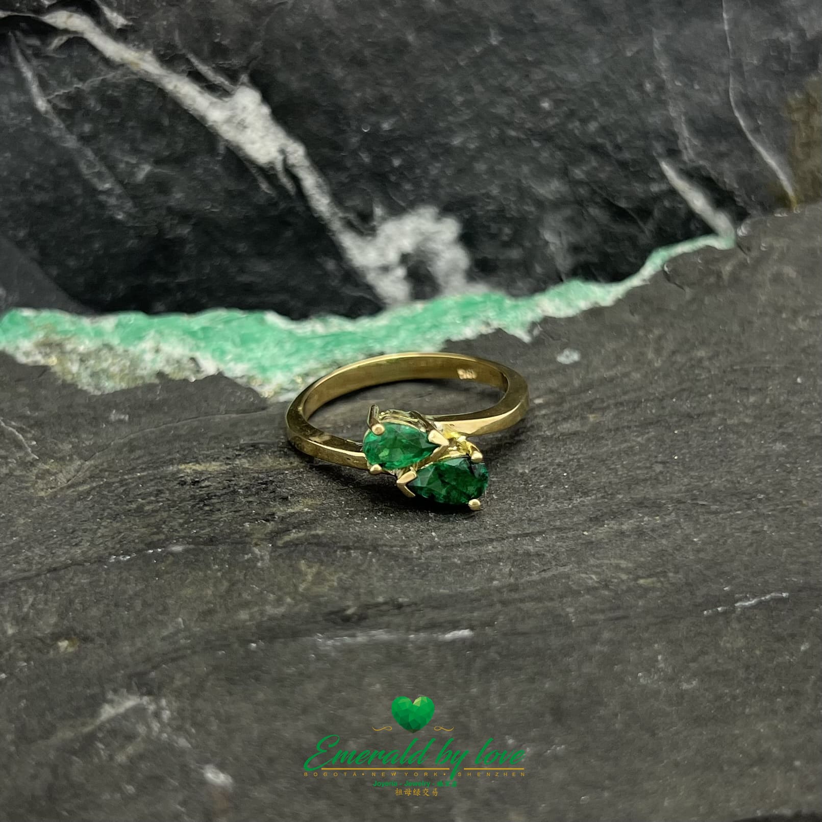 Dark Green Teardrop Emerald Duo Yellow Gold Ring