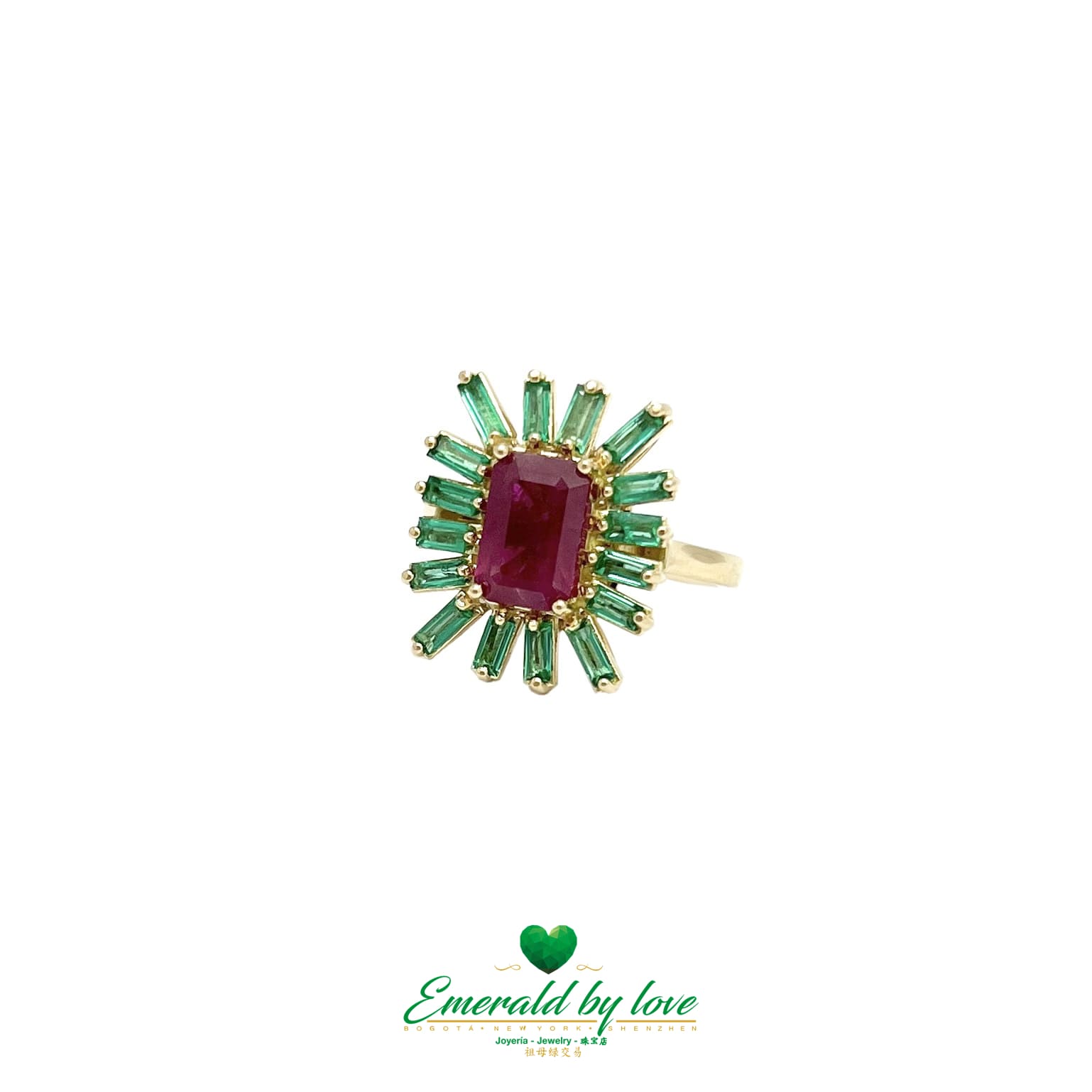 Yellow Gold Emerald-Cut Ruby Ring with Baguette Emerald Accents