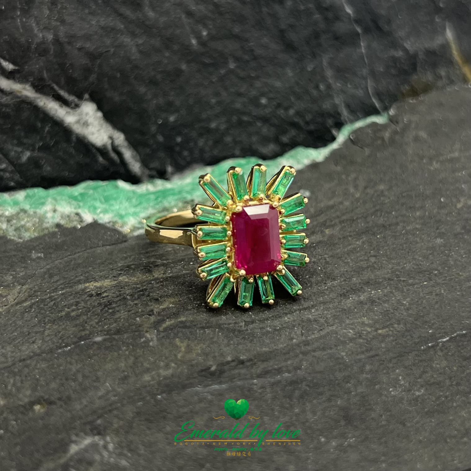 Yellow Gold Emerald-Cut Ruby Ring with Baguette Emerald Accents