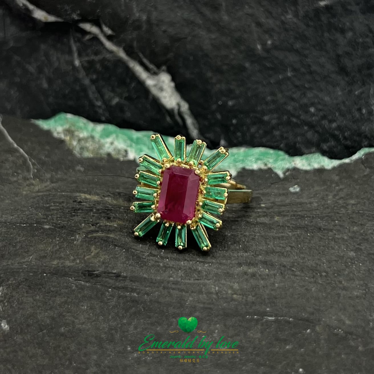 Yellow Gold Emerald-Cut Ruby Ring with Baguette Emerald Accents